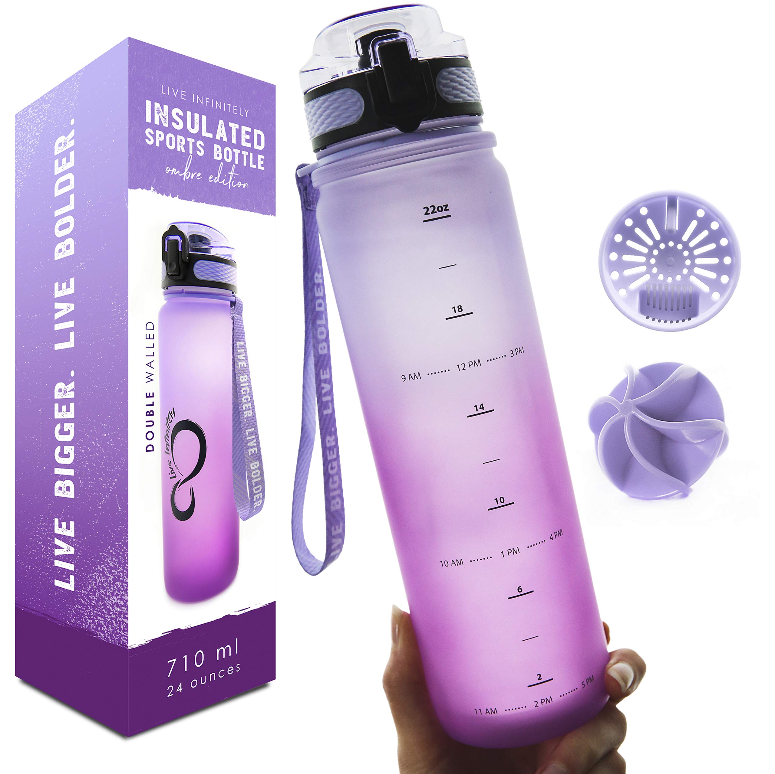 Live Infinitely 24 oz Insulated Water Bottle with Time Marker - BPA Free Gym & Sports Water Bottle with Locking Flip Top Lid - Motivational Hydration Tracker for Fitness, Workouts & Outdoor Activities (Amethyst, 24oz)