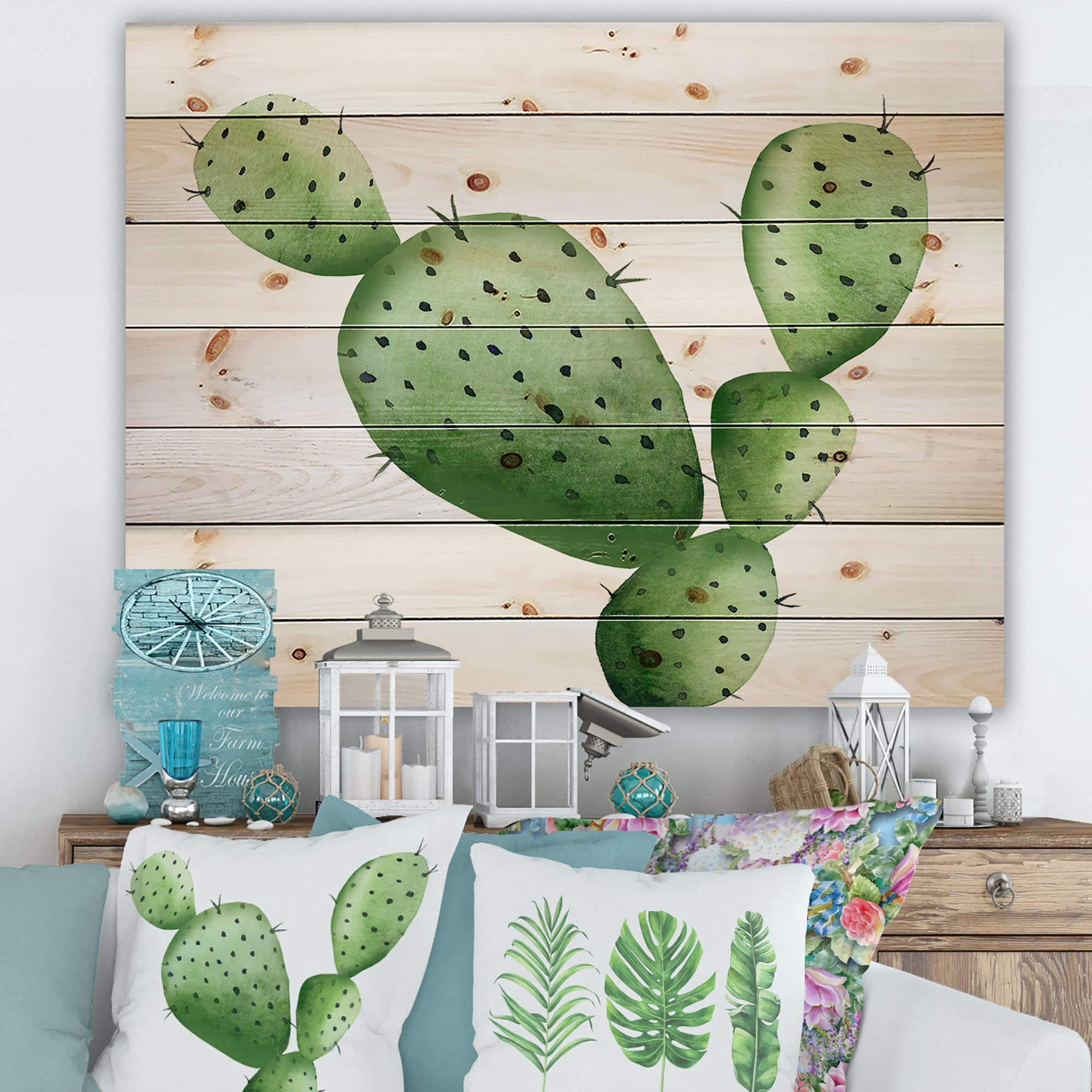 DesignQ Green Southwestern Cactus Tropical Wood Wall Decor - Handmade Pine Wood Art with Floral Prints - Perfect for Boho Home Decor, Living Room Accent Wall & Bedroom Wall Art