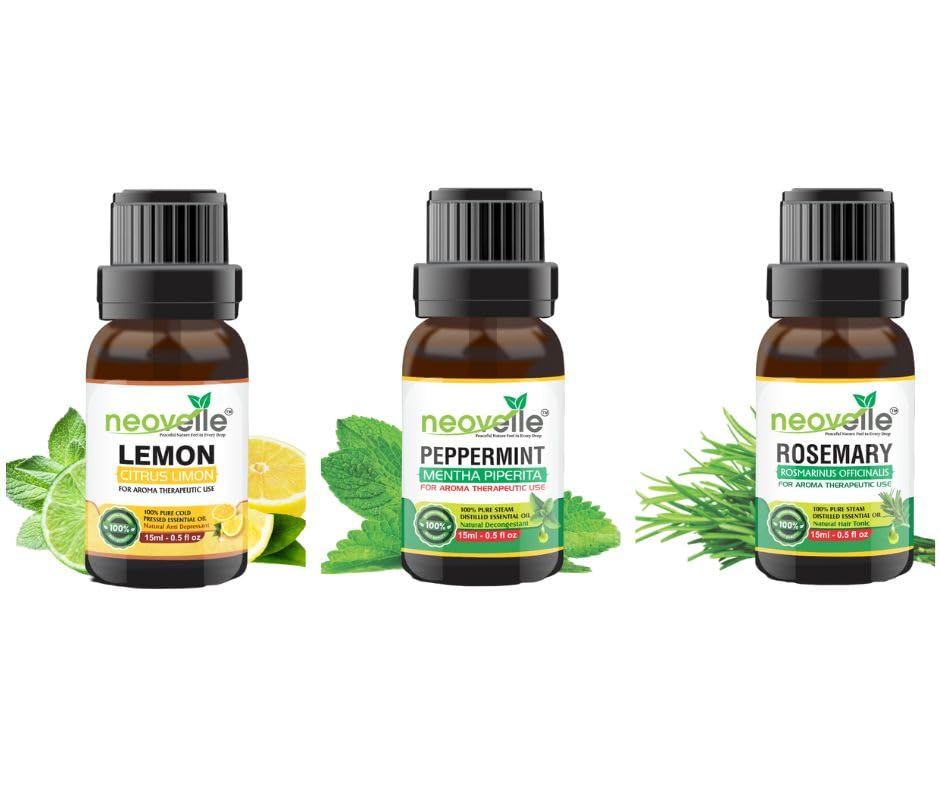 NEOVELLE Lemon & Peppermint Essential Oil for Skin Care, Hair Growth, Massage, Aromatherapy | Cold Relief, Face Treatment, Teeth Whitening | Rosemary Diffuser Blends for Body & Home Relaxation - Perfect for Spa, Yoga & Stress Relief