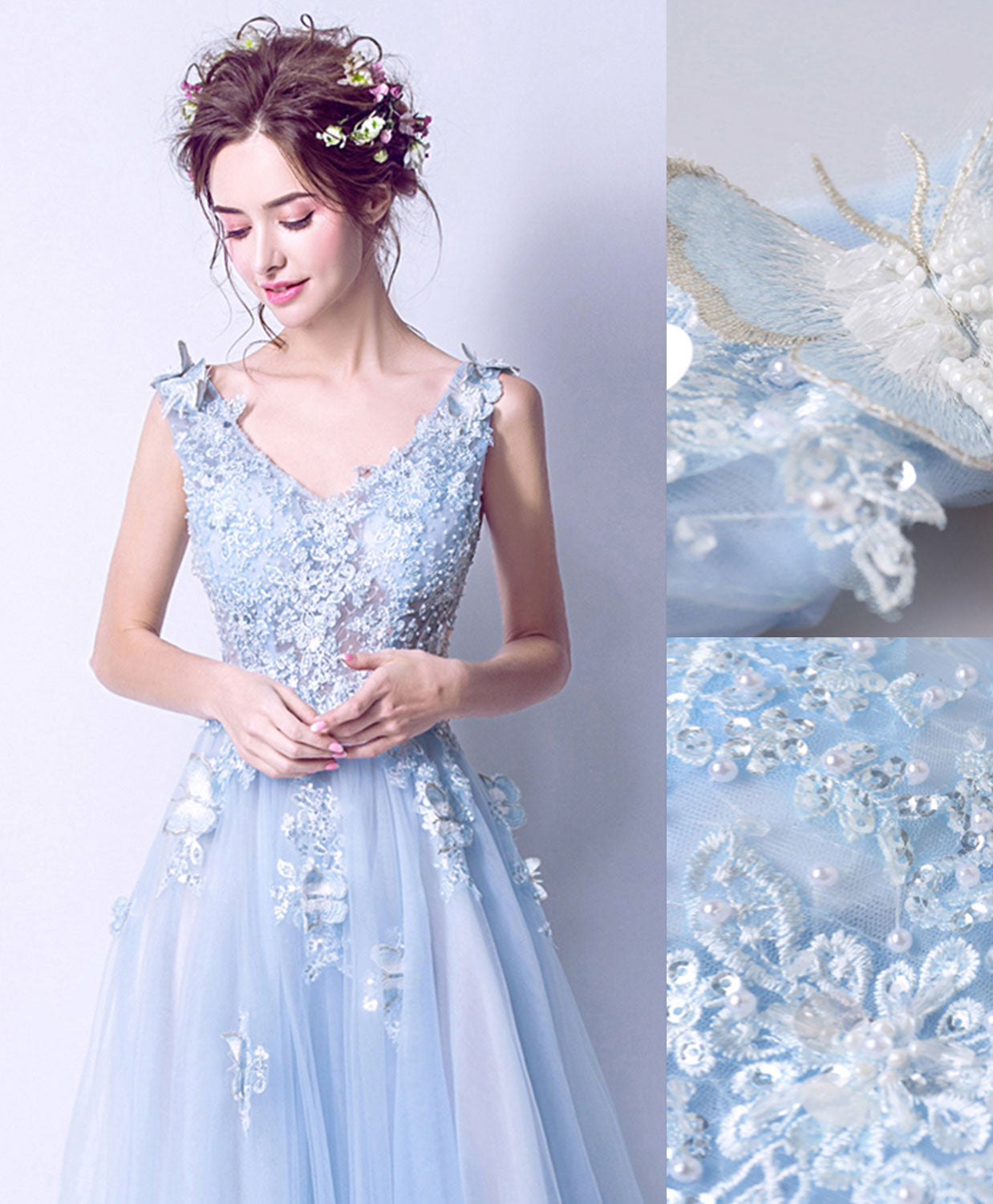 Elegant Blue V-Neck Tulle Lace Long Prom Dress | Formal Evening Gown for Homecoming, Wedding & Special Occasions