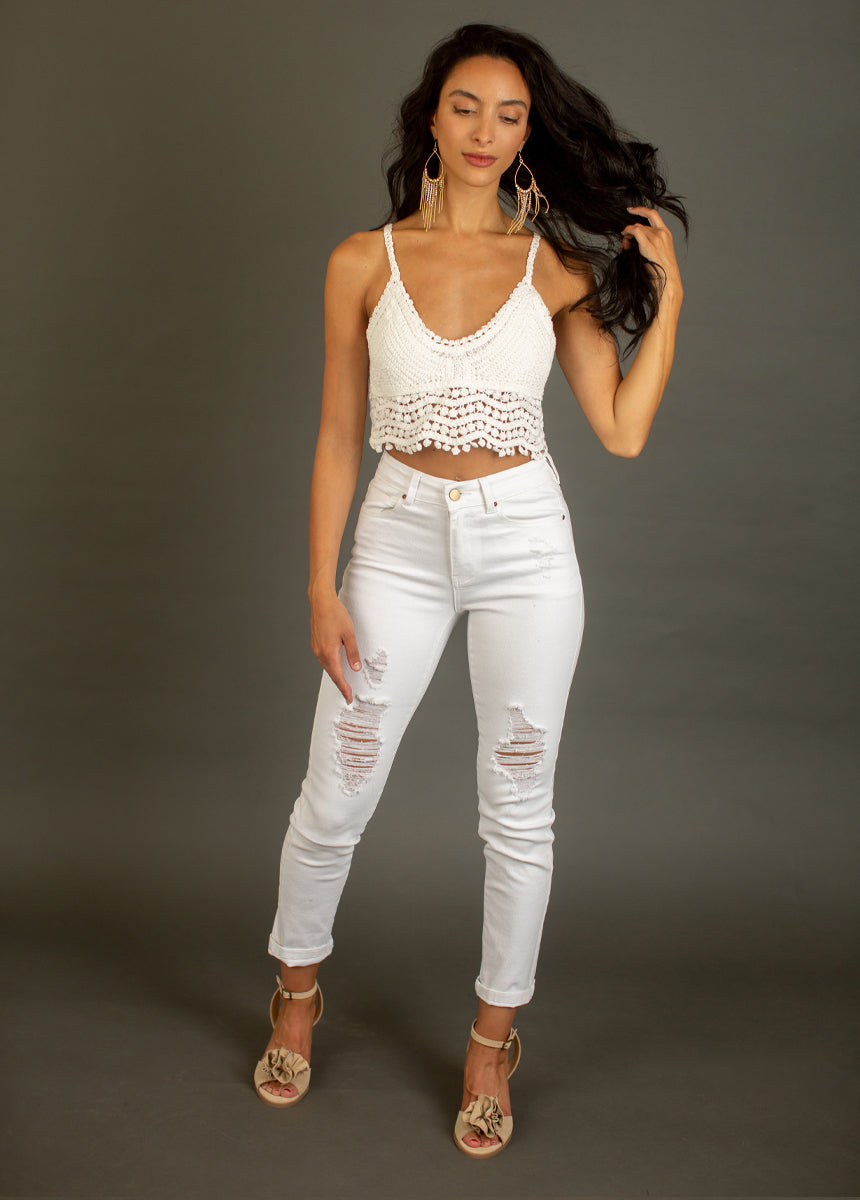 Sonnet Crochet Top Women's White Lace Summer Boho Blouse - Perfect for Beach Vacations, Music Festivals & Romantic Dates