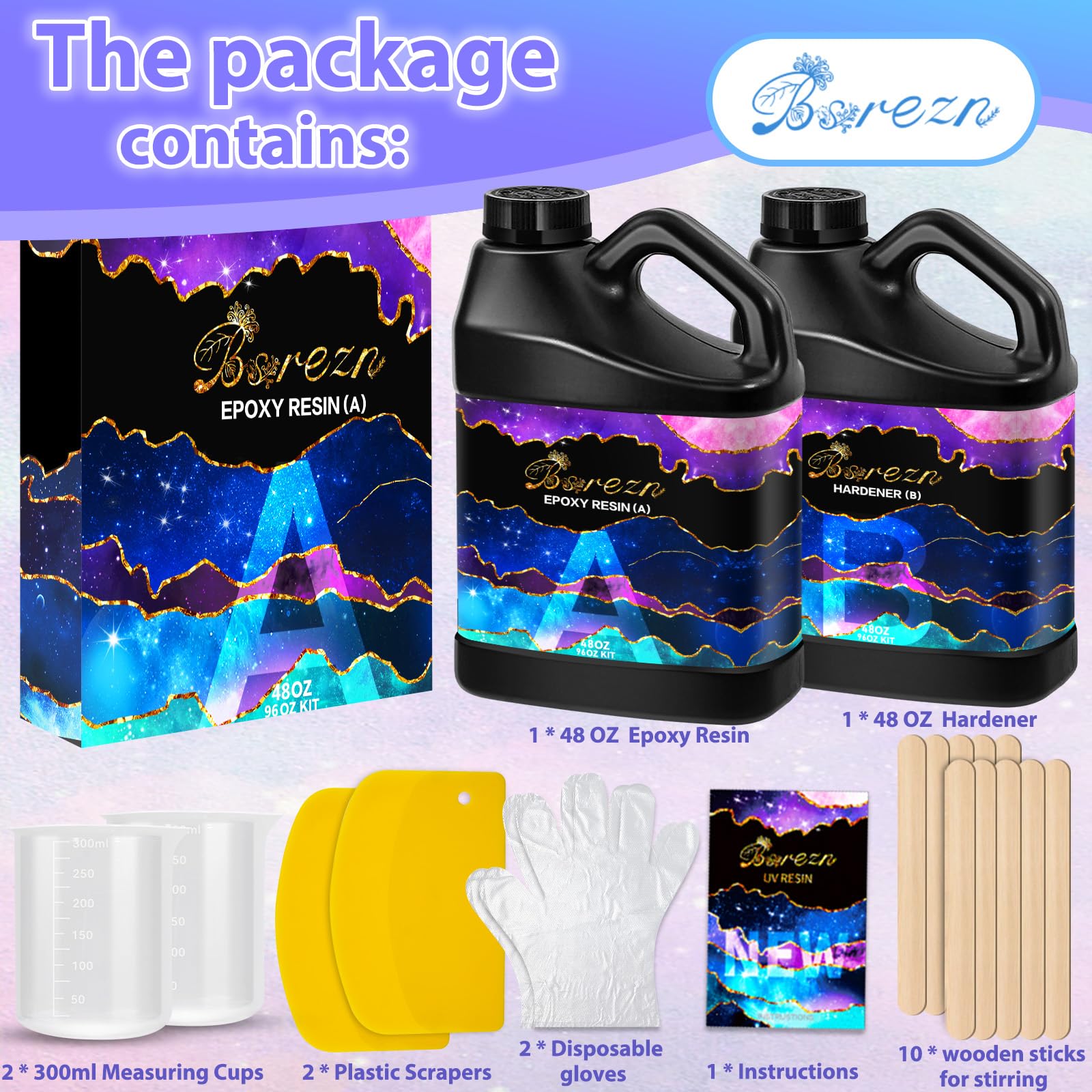 Bsrezn 96OZ Epoxy Resin Kit - Crystal Clear 2 Part Casting Resin & Hardener for Jewelry Making, Molds, Table Tops, River Tables, DIY Crafts, Art Supplies - 1:1 Starter Kit for Beginners & Professionals