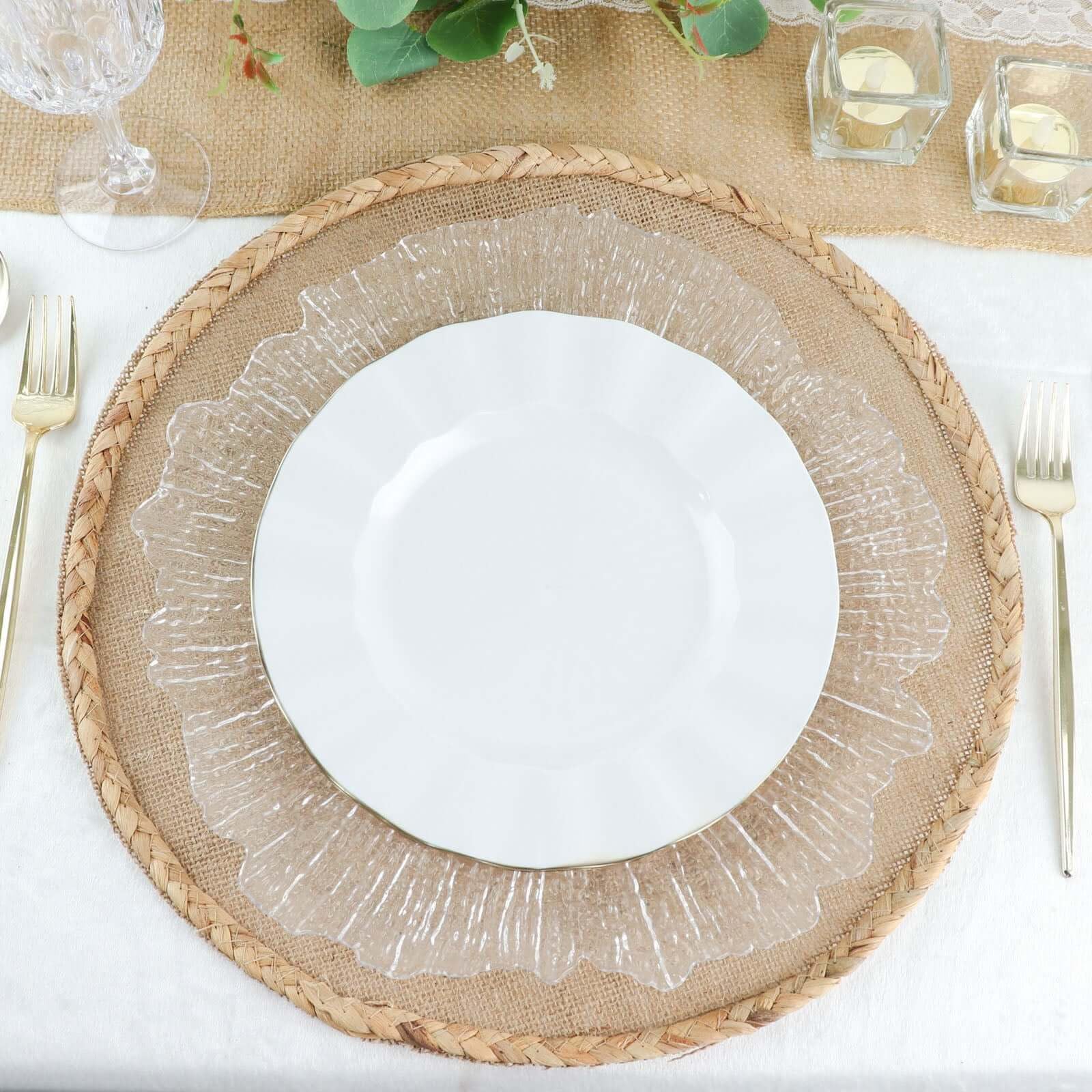 Efavormart 10-Pack White 9-Inch Round Plastic Dessert Plates with Gold Wavy Rim - Disposable Salad & Appetizer Plates for Weddings, Parties, Banquets, Holiday Dining, Picnics & Outdoor Events