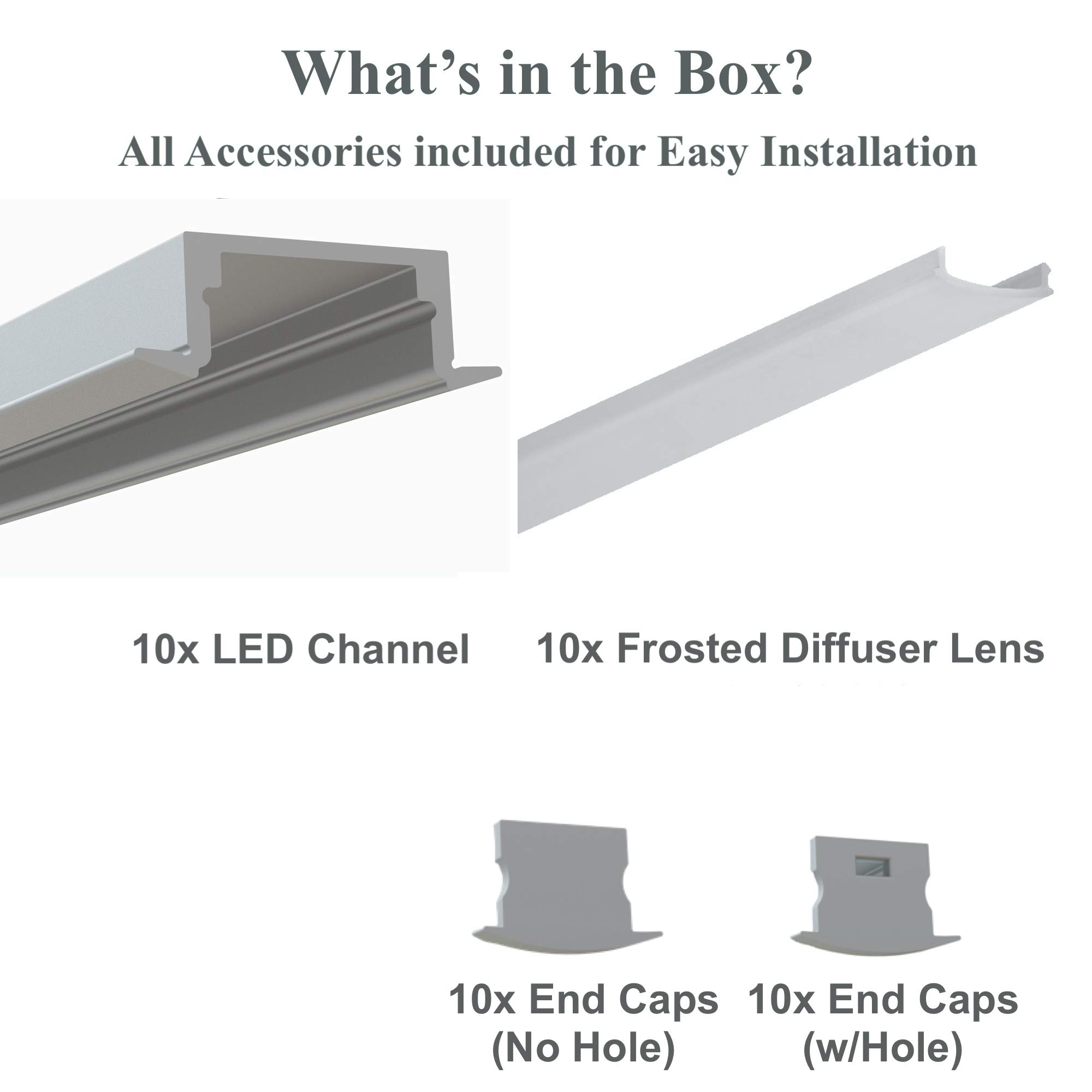 10-Pack 8ft (2.4Meter) Recessed LED Aluminum Channels with Frosted Diffuser & End Caps - 1972 Series LED Profile for 12mm/0.47