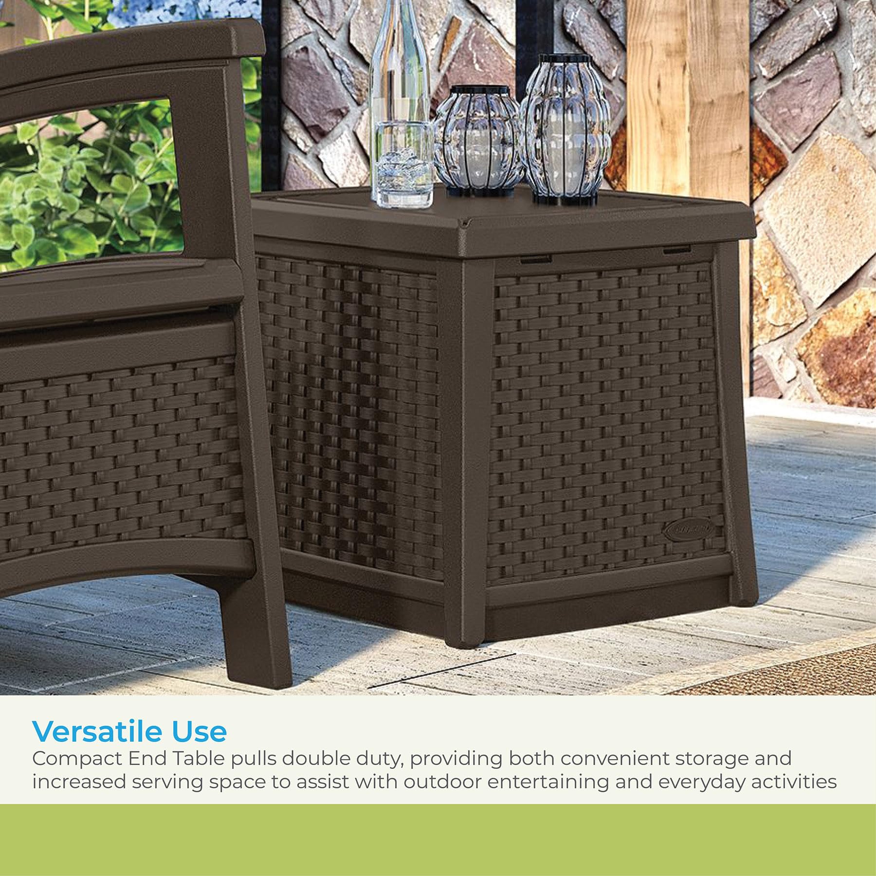 Suncast 13 Gallon Resin Outdoor Storage End Table with Hinged Stay-Dry Lid - Waterproof Deck Box for Patio Furniture, Pool Toys, Cushions & Garden Accessories - Perfect for Backyard, Poolside & Outdoor Living Spaces (Java Brown)