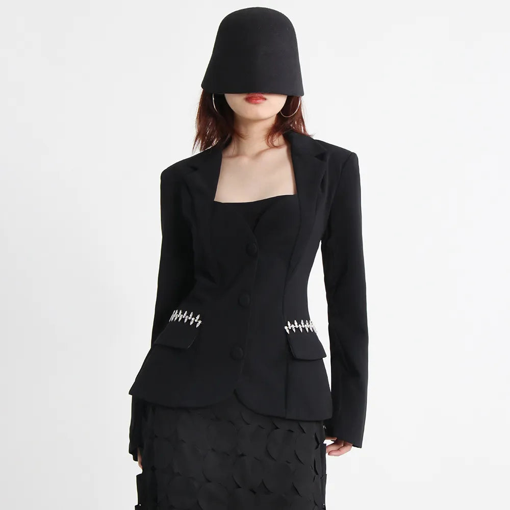 Elegant Backless Diamond Slim Blazer for Women - Notched Collar Long Sleeve Minimalist Jacket | Perfect for Office Wear, Evening Parties & Formal Events