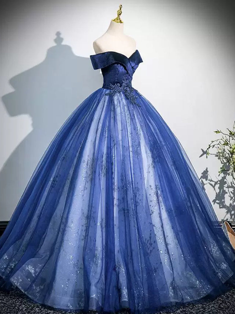 Elegant A-Line Off Shoulder Tulle Lace Blue Long Prom Dress - Formal Evening Gown for Homecoming, Ball, Wedding & Special Occasions