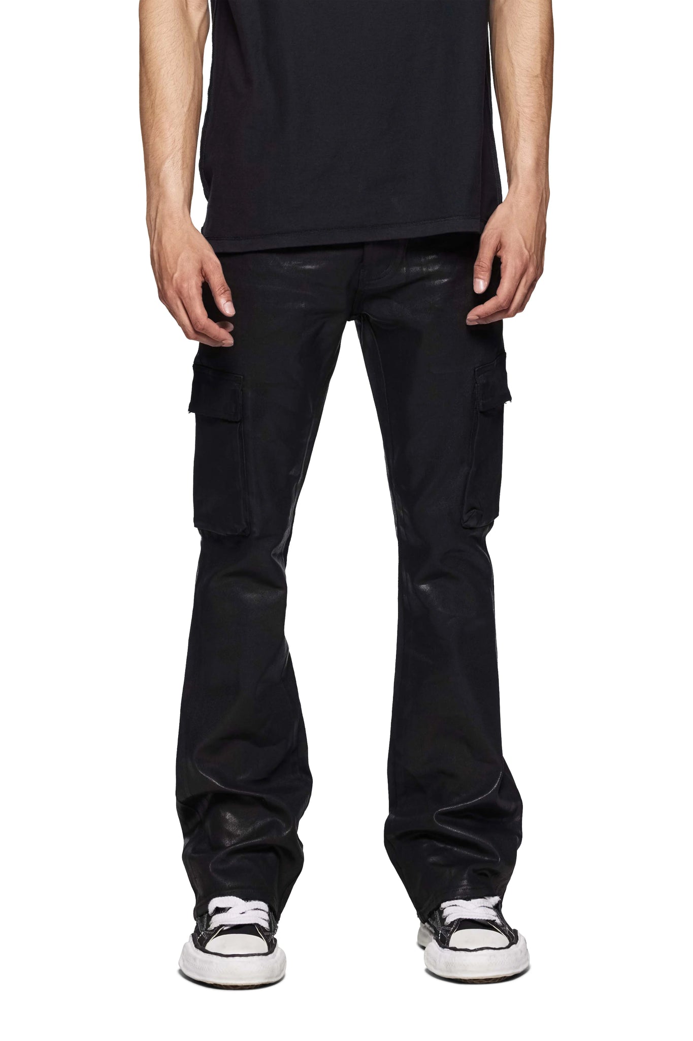 Purple Brand P004 CFVR Coated Cargo Pants Flare Leg Black - Stylish Streetwear for Men | Perfect for Urban Fashion & Casual Outings