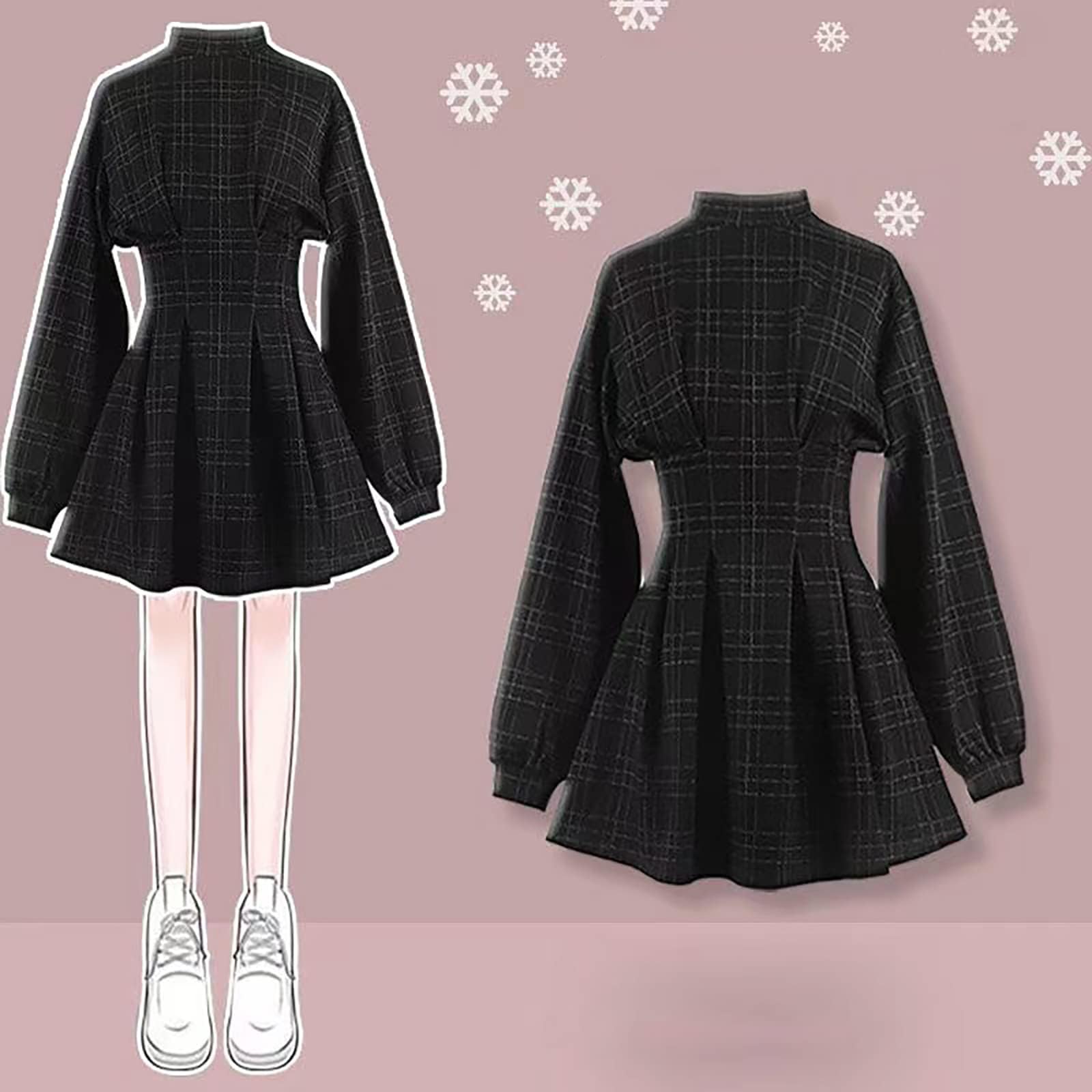 Gothic Plaid Mini Dress - Black Long Sleeve Emo Style Dress for Women | Perfect for Halloween, Concerts & Alternative Fashion