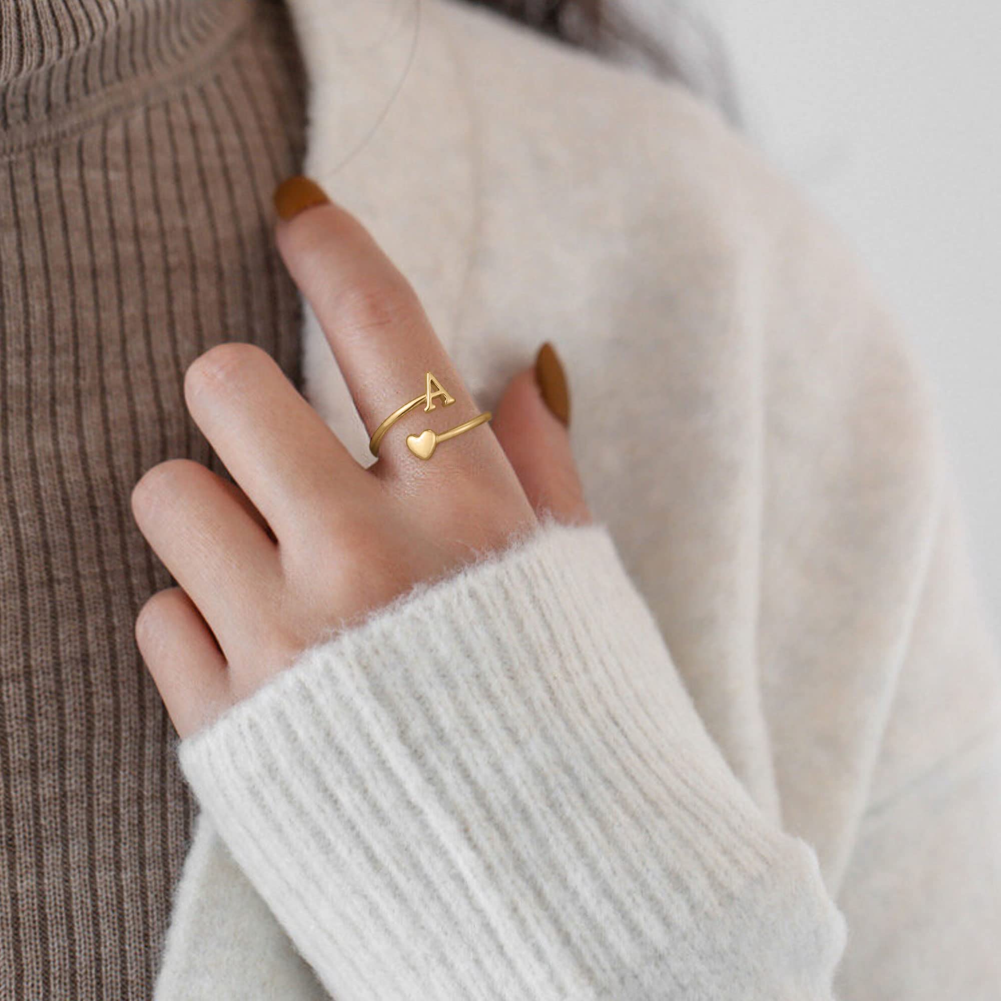 Heart Initial Rings for Women & Teen Girls - Adjustable Stackable Letter Rings, Cute Heart Jewelry Gift for Her | Perfect for Valentine's Day, Birthday, Anniversary & Everyday Wear
