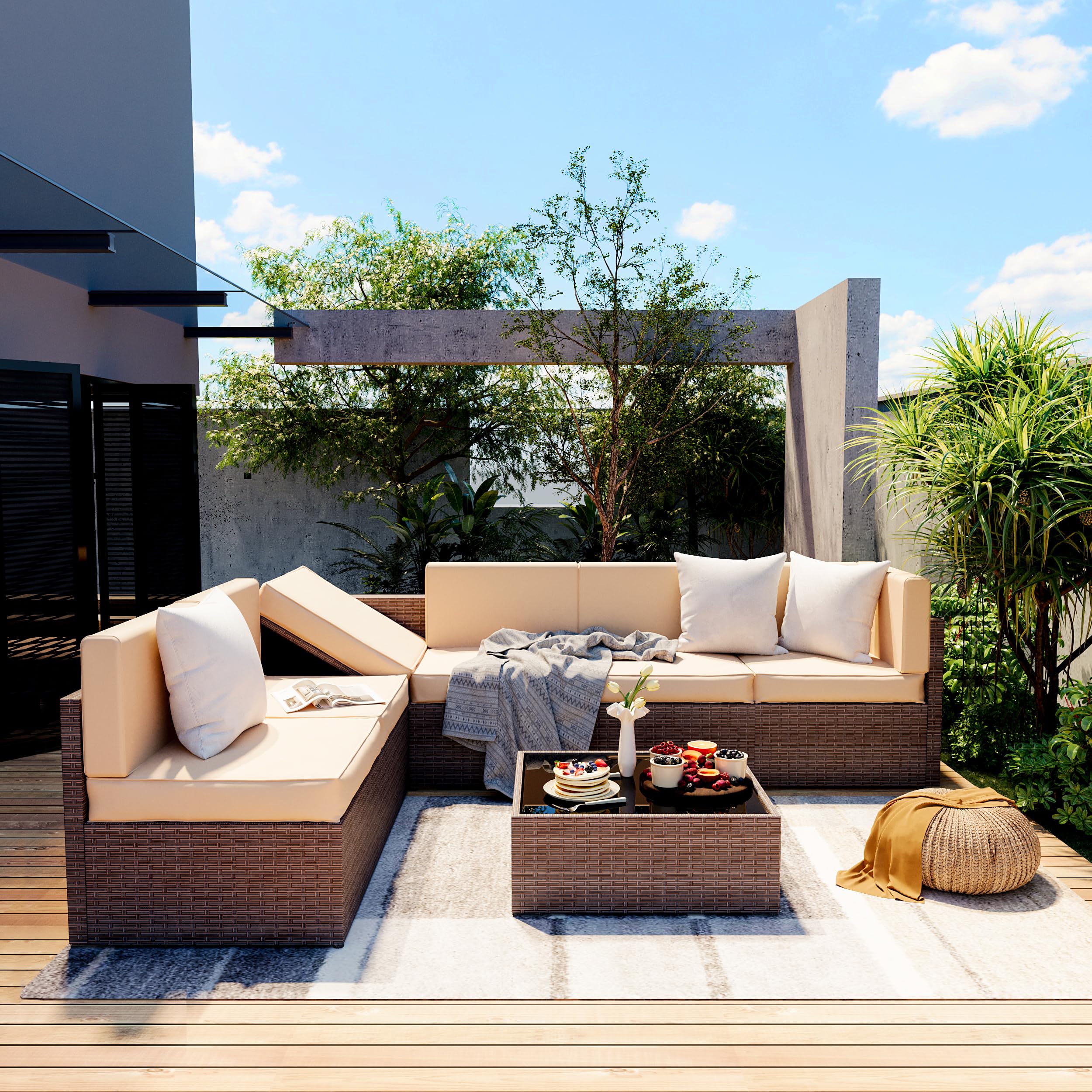 7-Piece Modular Outdoor Sectional Sofa Set - Brown Rattan Patio Furniture with Beige Washable Cushions & Coffee Table - Perfect for Backyard, Garden, Poolside & Outdoor Conversations