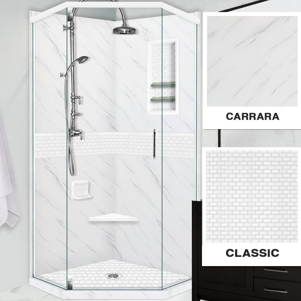 Premium Carrara Marble Neo Classic Shower Enclosure Kit - Waterproof Bathroom Upgrade for Modern Homes & Luxury Hotels
