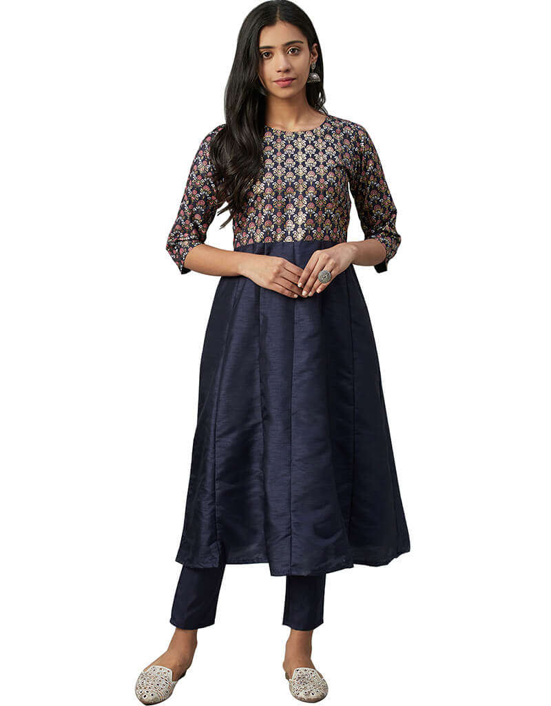 Blue Poly Silk Pant Kurti - Elegant Indian Tunic Top with Pants Set for Women | Perfect for Festivals, Parties & Casual Wear