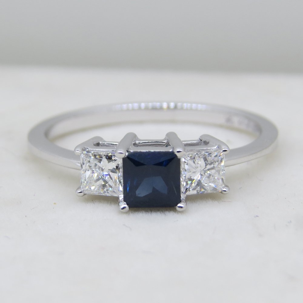 18K White Gold Princess Cut White Diamond & Blue Sapphire 3 Stone Bridal Ring for Women | Dazzlingrock Collection | Perfect for Engagement, Wedding & Anniversary Gifts