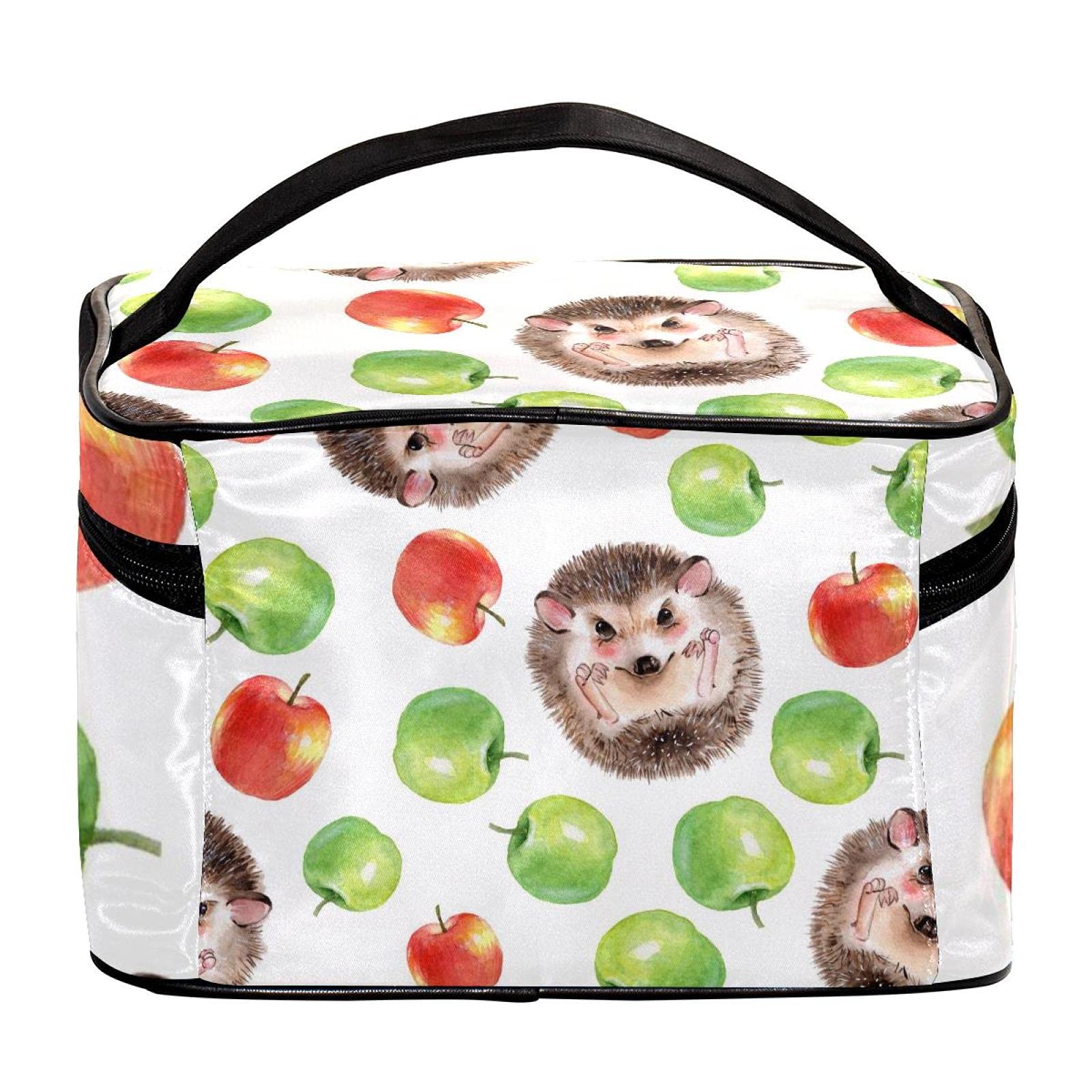 Hand-Drawn Hedgehogs & Apples Large Travel Makeup Bag - Waterproof Cosmetic Organizer with Zipper for Women & Girls | Perfect for Vacation, Gym, and Daily Essentials Storage