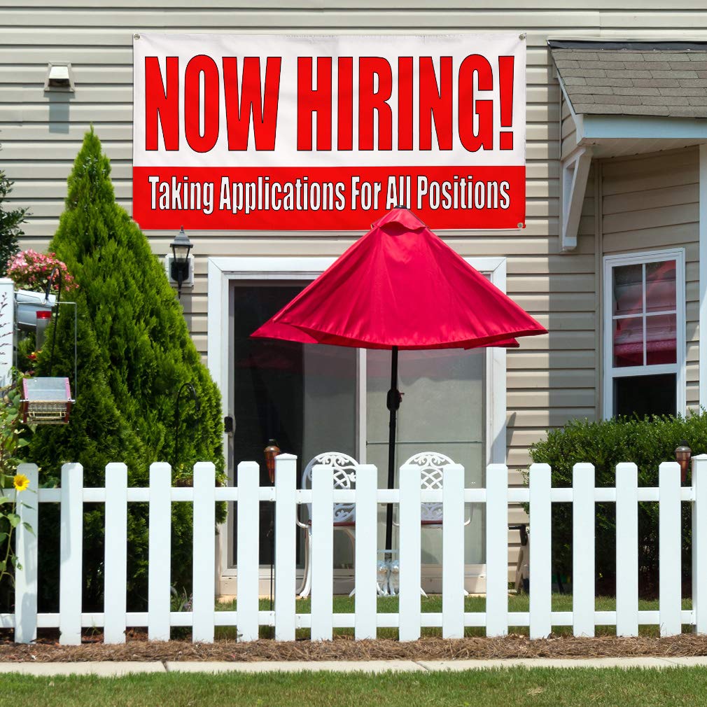 Now Hiring Vinyl Banner - 24x60 Inch Red Business Sign with 4 Grommets (Set of 3, Multiple Sizes Available) - Durable Outdoor Advertising for Retail Stores, Restaurants & Job Fairs