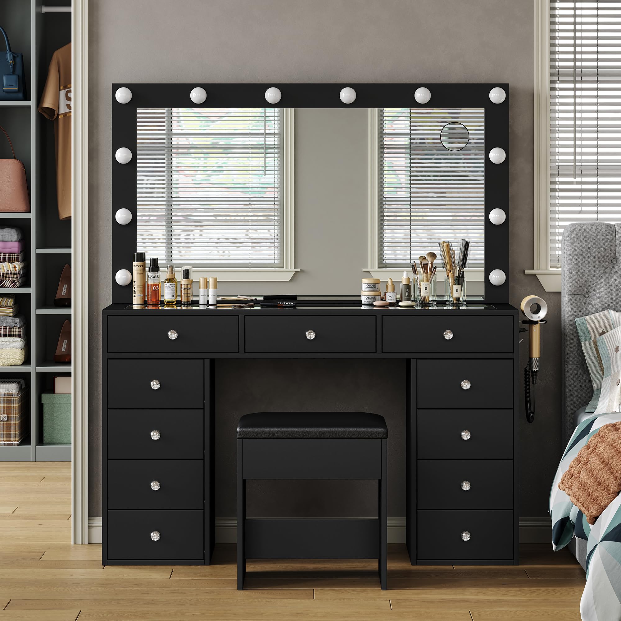 Vanity Desk with Power Outlet & 12 LED Lights - Makeup Vanity Table with Mirror, 3 Lighting Modes, 11 Drawers & Chair - Glass Top Dressing Table for Bedroom, Dressing Room (Black) | Perfect for Makeup Application, Skincare Routine & Home Salon Setup
