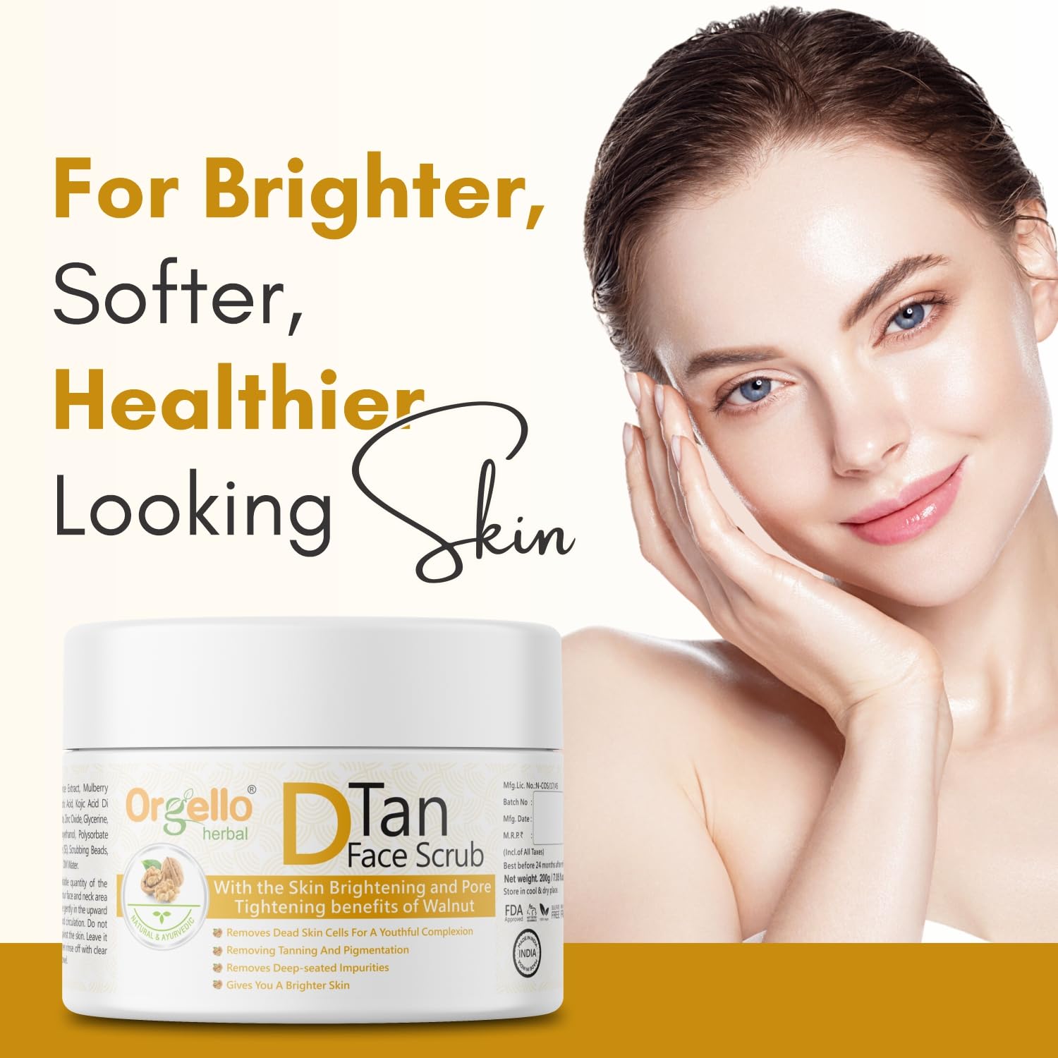 Orgello D-Tan Face Scrub for Men & Women - Natural Tan Removal & Pigmentation Treatment for Oily & Dry Skin | 200g Facial Exfoliator | Perfect for Daily Skincare Routine & Sun-Damaged Skin Repair