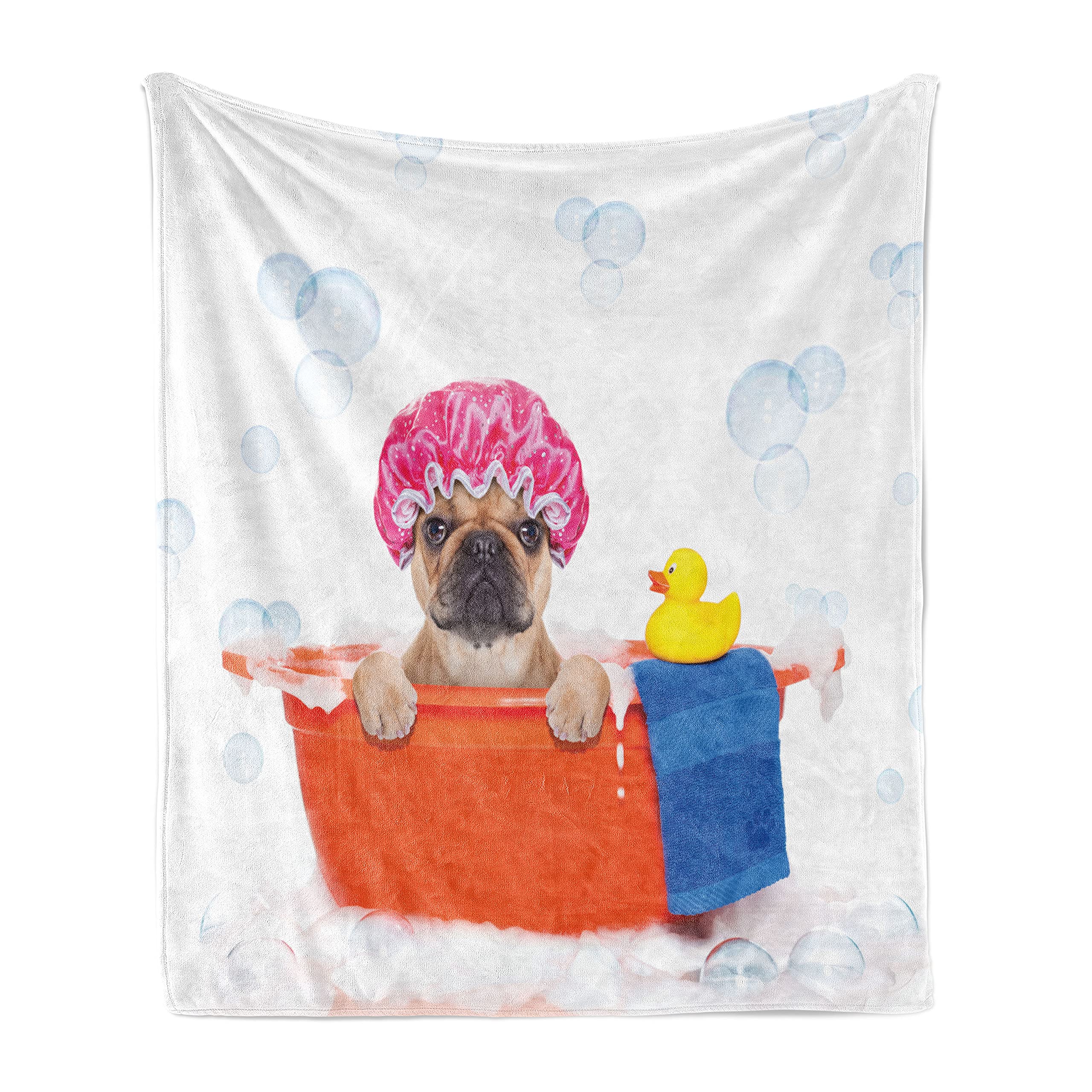 Ambesonne French Bulldog Bath Time Throw Blanket - Soft Flannel Fleece Dog Lover Blanket with Rubber Duck Design, 50