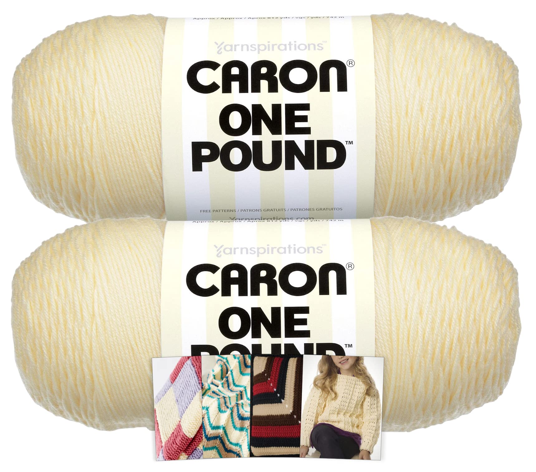 Caron One Pound Yarn - 2 Pack with Free Knitting Pattern Cards in Cream Color | Soft Acrylic Yarn for Crochet, Knitting, Blankets & DIY Crafts