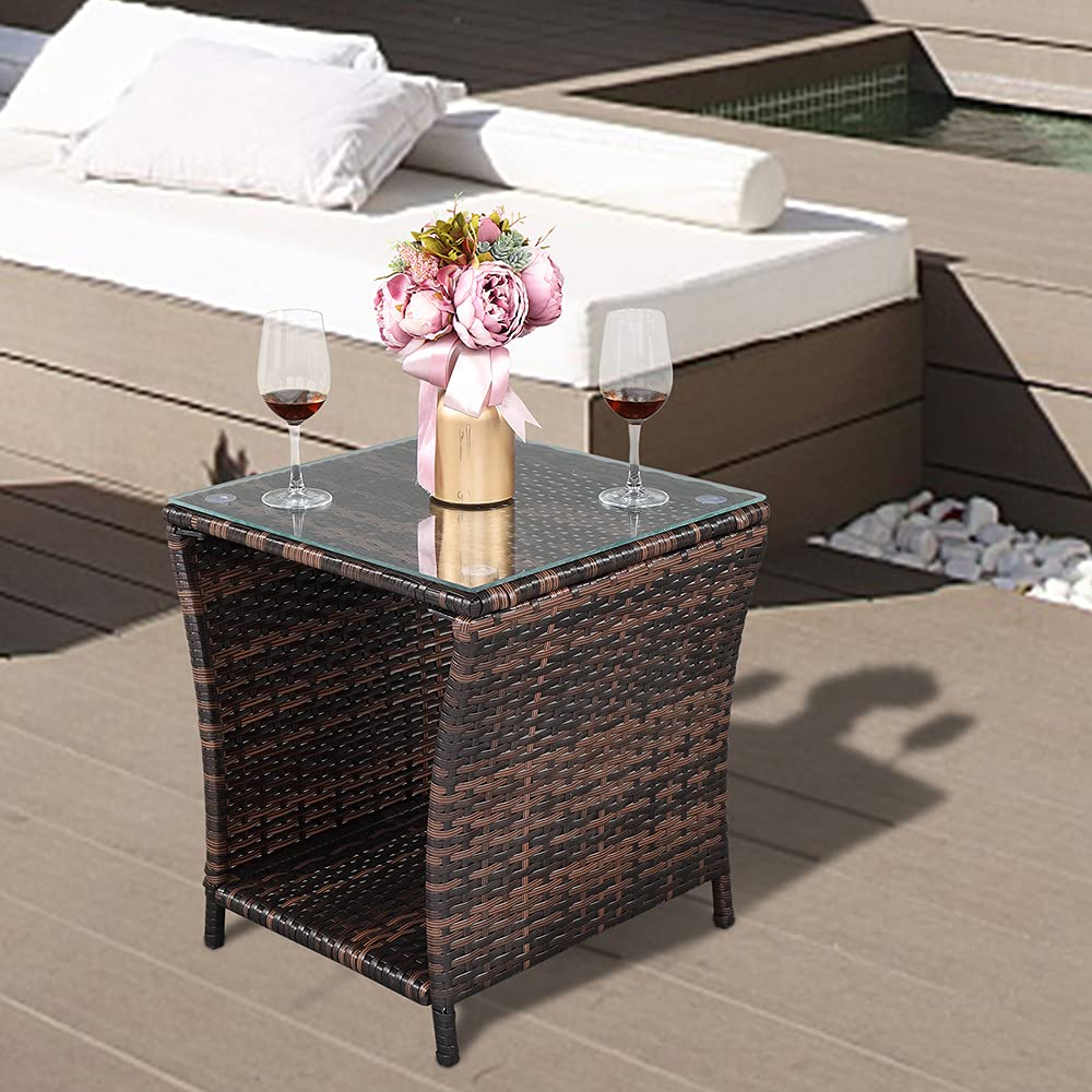 HomVent Outdoor Wicker Rattan Side Table with Tempered Glass Top - Square Coffee Table & End Table with Storage for Patio, Garden, Balcony, Courtyard - Perfect for Relaxing, Entertaining & Outdoor Decor