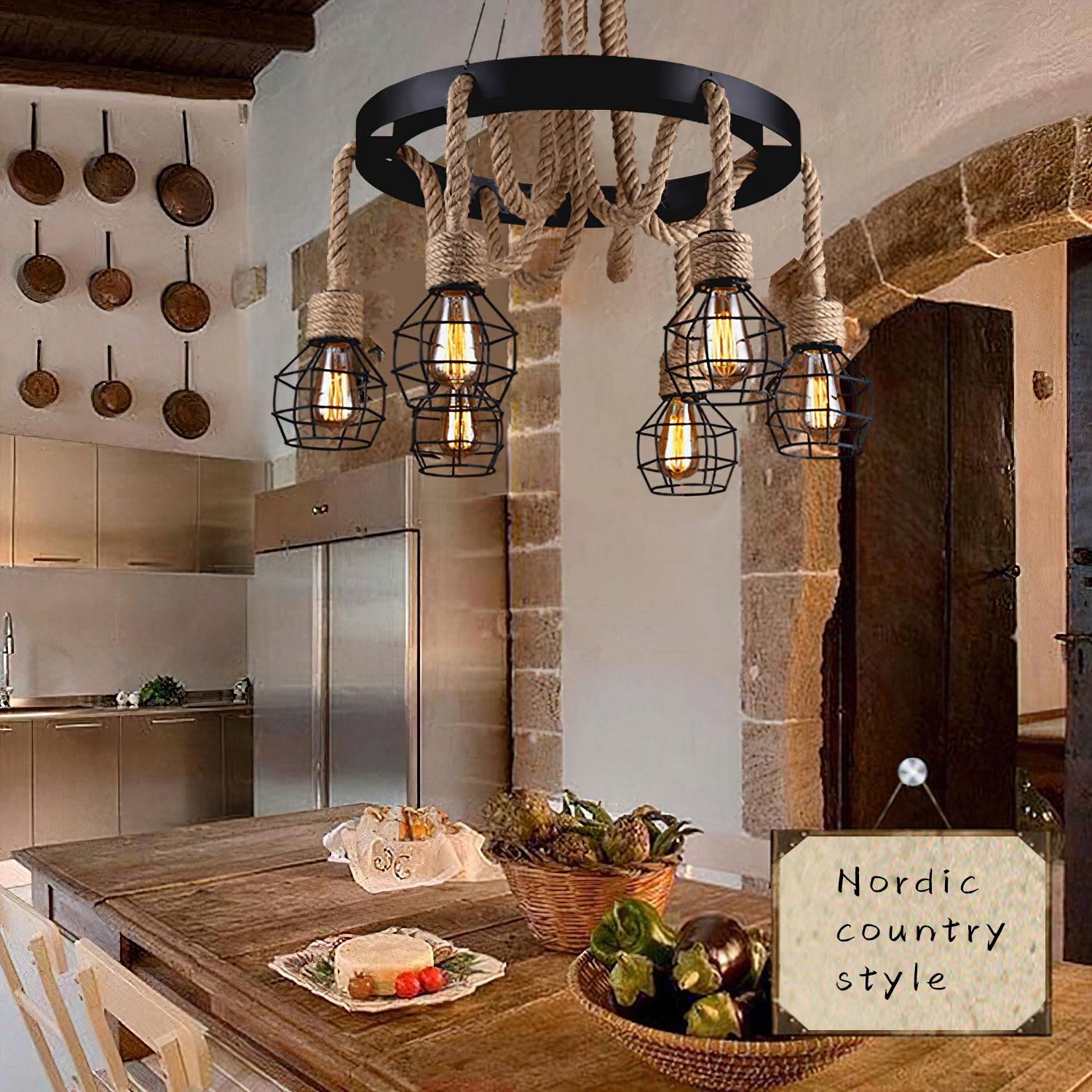 Premium Hemp Rope Industrial Starfall Chandelier - Handmade Boho Ceiling Light Fixture for Farmhouse, Loft & Restaurant Decor