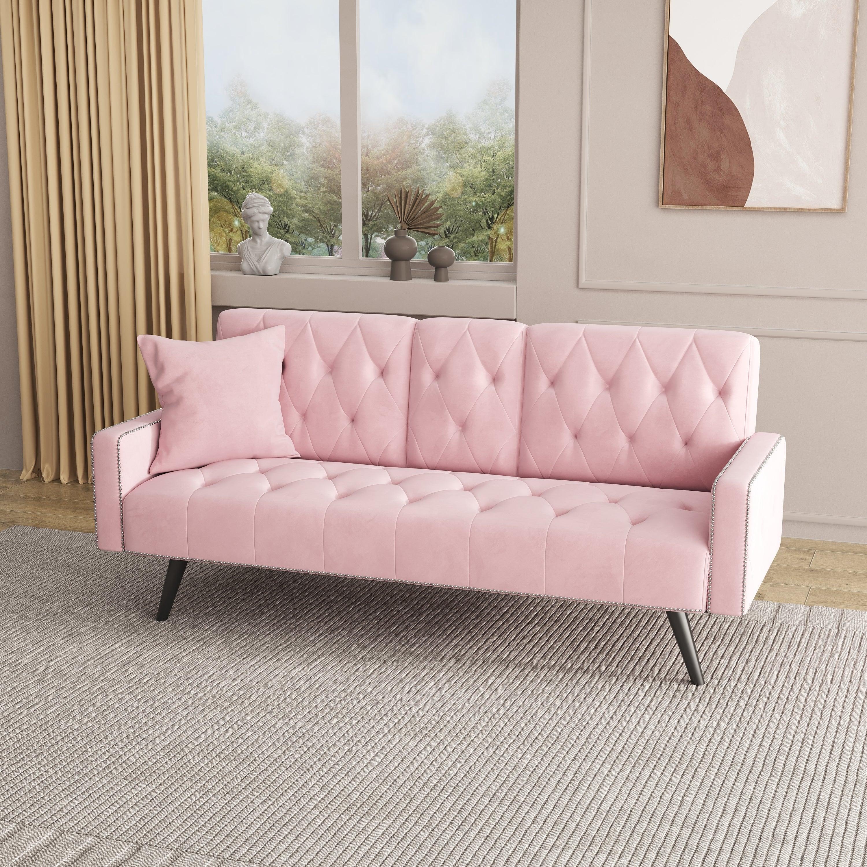 1730 Pink Velvet Sofa Bed with Armrests, Nail Head Trim & 2 Cup Holders - 72