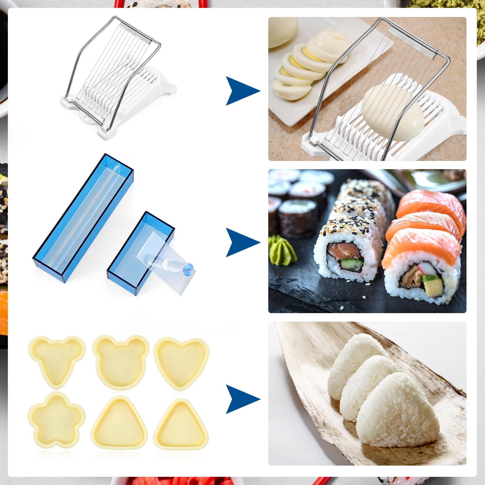 Baderke 10-Piece Musubi Maker Kit - 2 Blue Acrylic Sushi Press Molds, 1 Luncheon Meat Slicer, Stainless Steel Wires, 6 Rice Ball Molds, 1 Spoon - Complete DIY Sushi Making Kit for Home, Bento Box, Picnic & Party Food Prep
