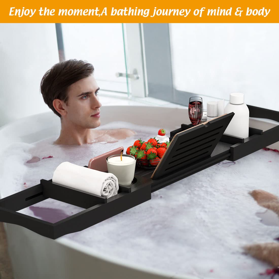 Premium Expandable Bamboo Bathtub Tray with Wine Glass Holder & Book Stand - Adjustable 29.5