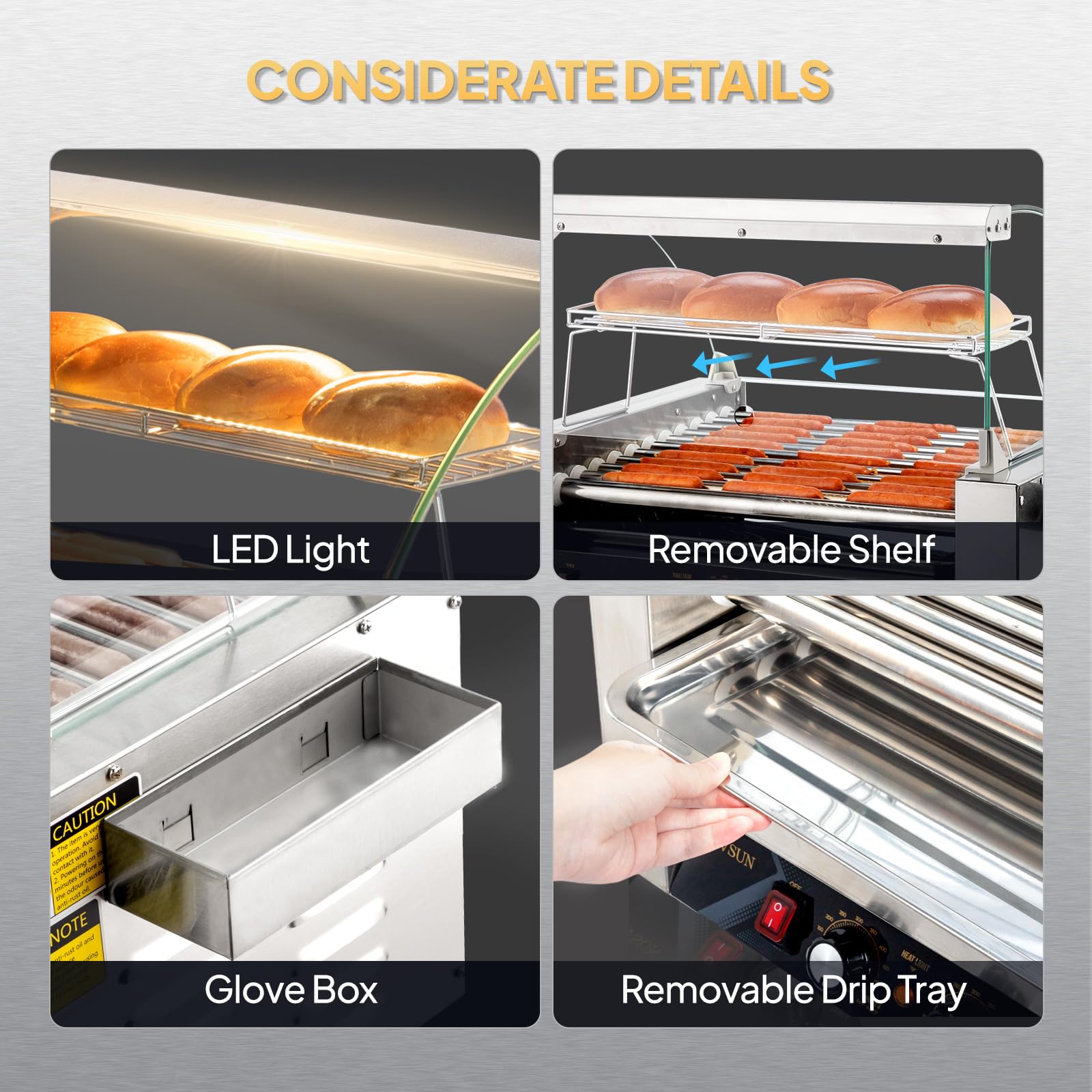 ROVSUN Commercial Hot Dog Roller Machine - 11 Rollers, 30 Hot Dogs Capacity, Dual Temperature Control with LED Lighting, Removable Shelf & Drip Tray - Perfect for Parties, Home Use, Food Trucks, and Outdoor Events (ETL Certified 1650W)