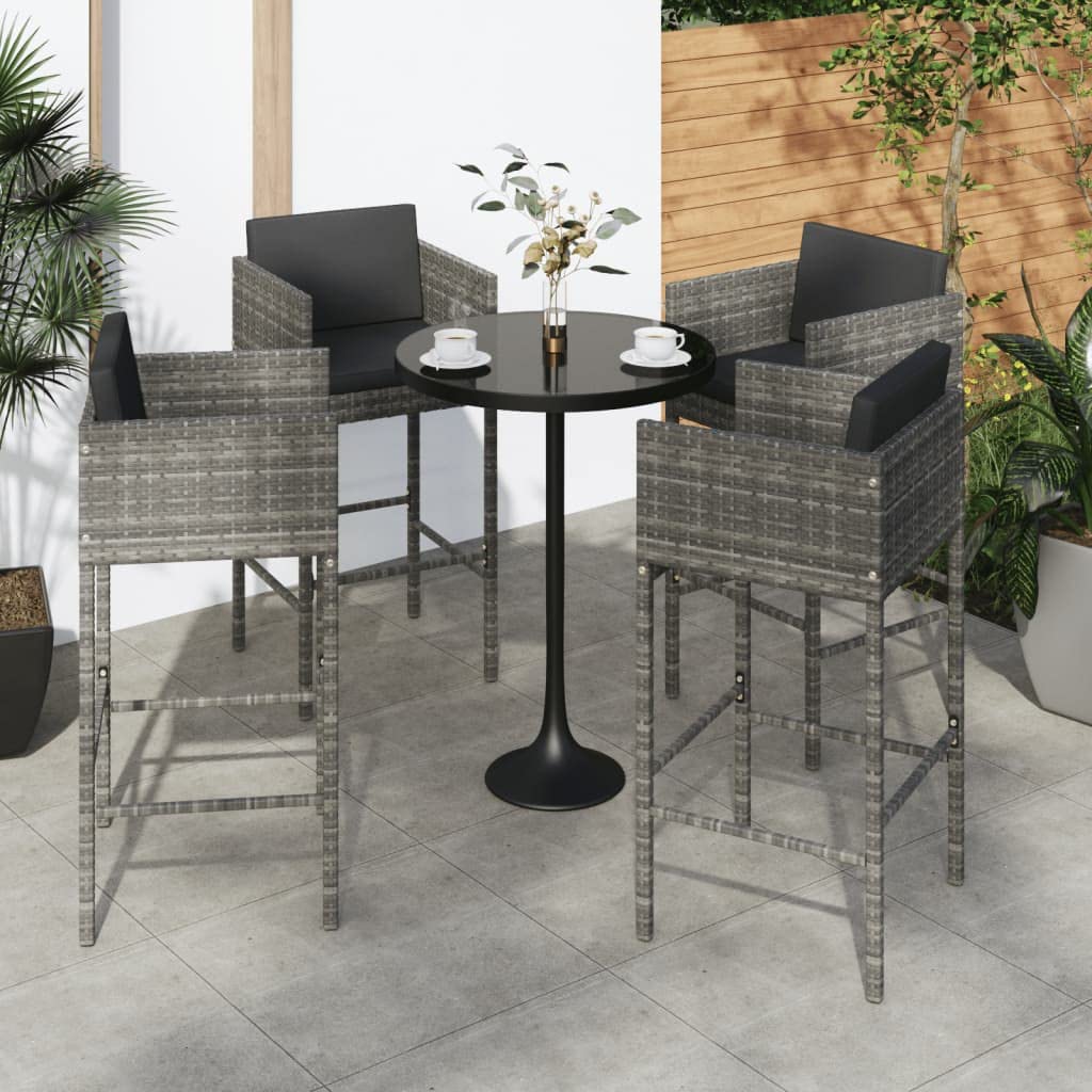 4-Piece Gray Poly Rattan Bar Stools with Cushions - Perfect for Kitchen Island, Breakfast Nook, and Outdoor Patio Seating