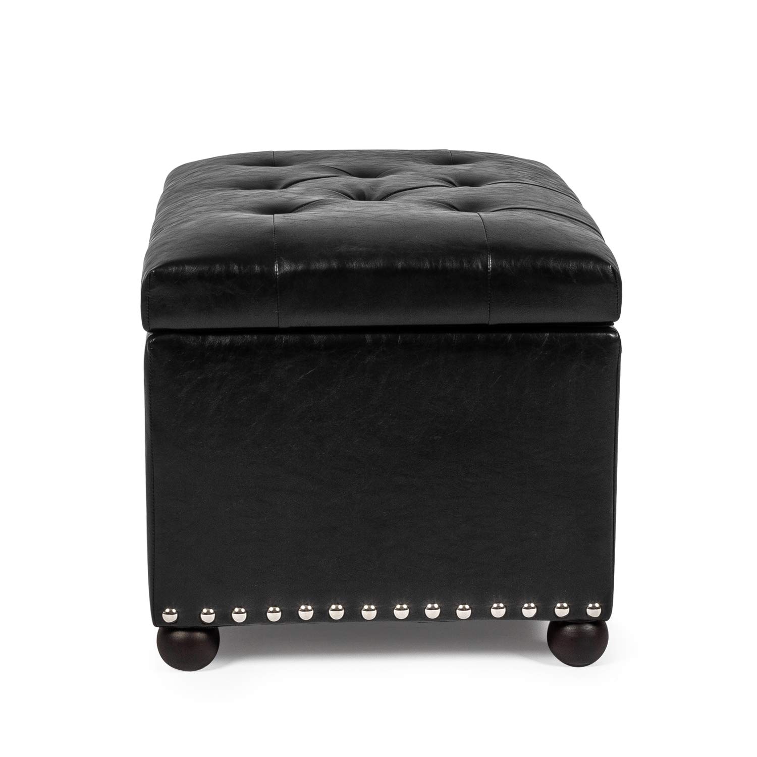 Black Rectangular Faux Leather Storage Ottoman with Nailhead Trim & Sturdy Wood Frame - Footrest, Coffee Table & Hidden Storage for Living Room, Bedroom or Office