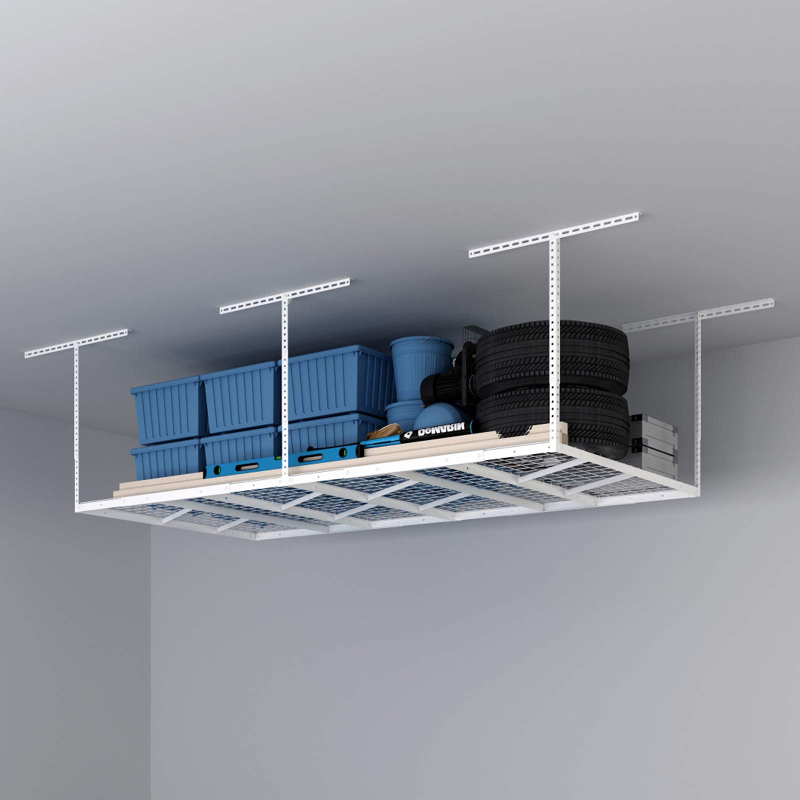FLEXIMOUNTS Pro 4x8 Overhead Garage Storage Rack - Heavy Duty Adjustable Metal Ceiling Storage System, 800lbs Capacity, White - Perfect for Garage Organization, Seasonal Decor & Sports Equipment Storage
