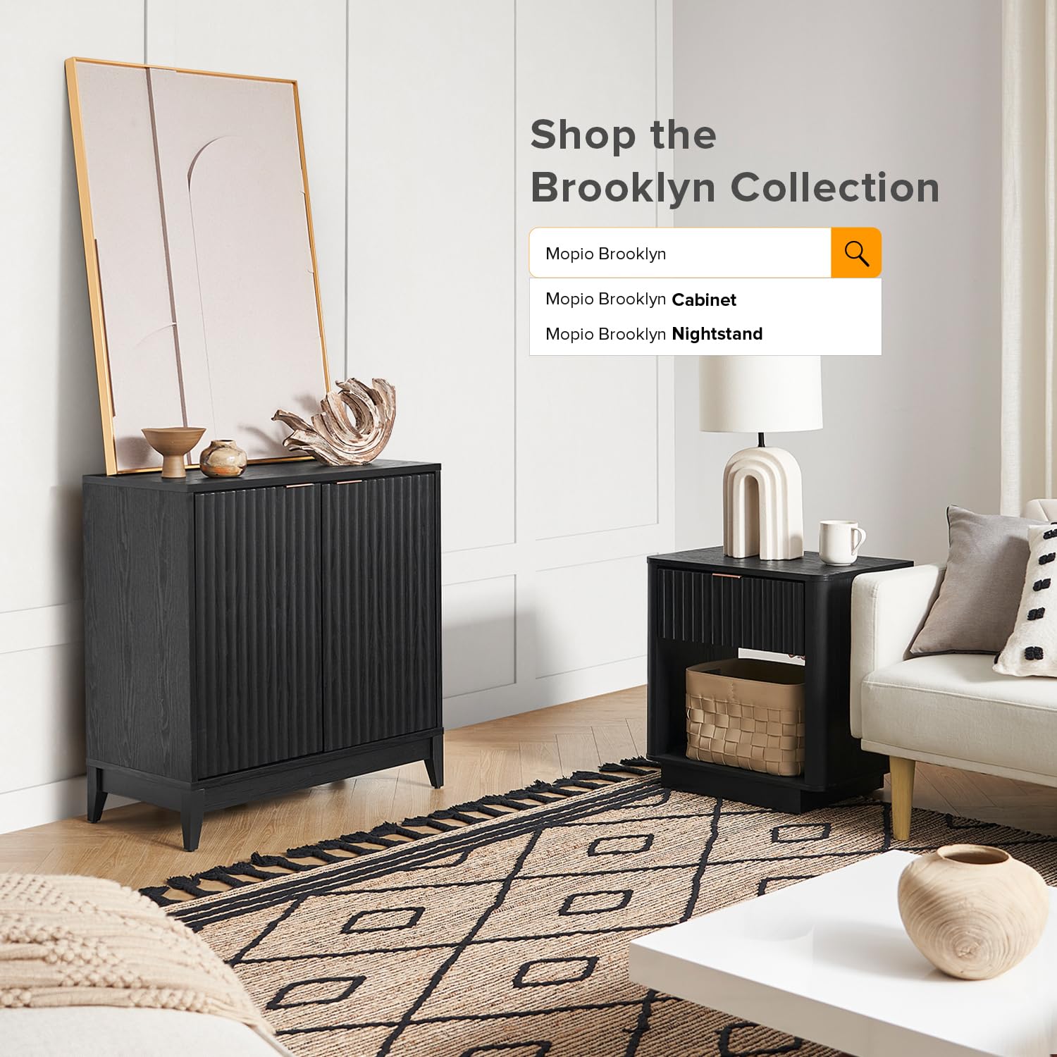Mopio Brooklyn Storage Cabinet - Modern Farmhouse Entryway Accent Case, Buffet Sideboard, Console Table, Wood Modular Organizer with Doors & Shelf - Fluted Panel Cupboard for Living Room, Dining Room, Bedroom (Black, Single)