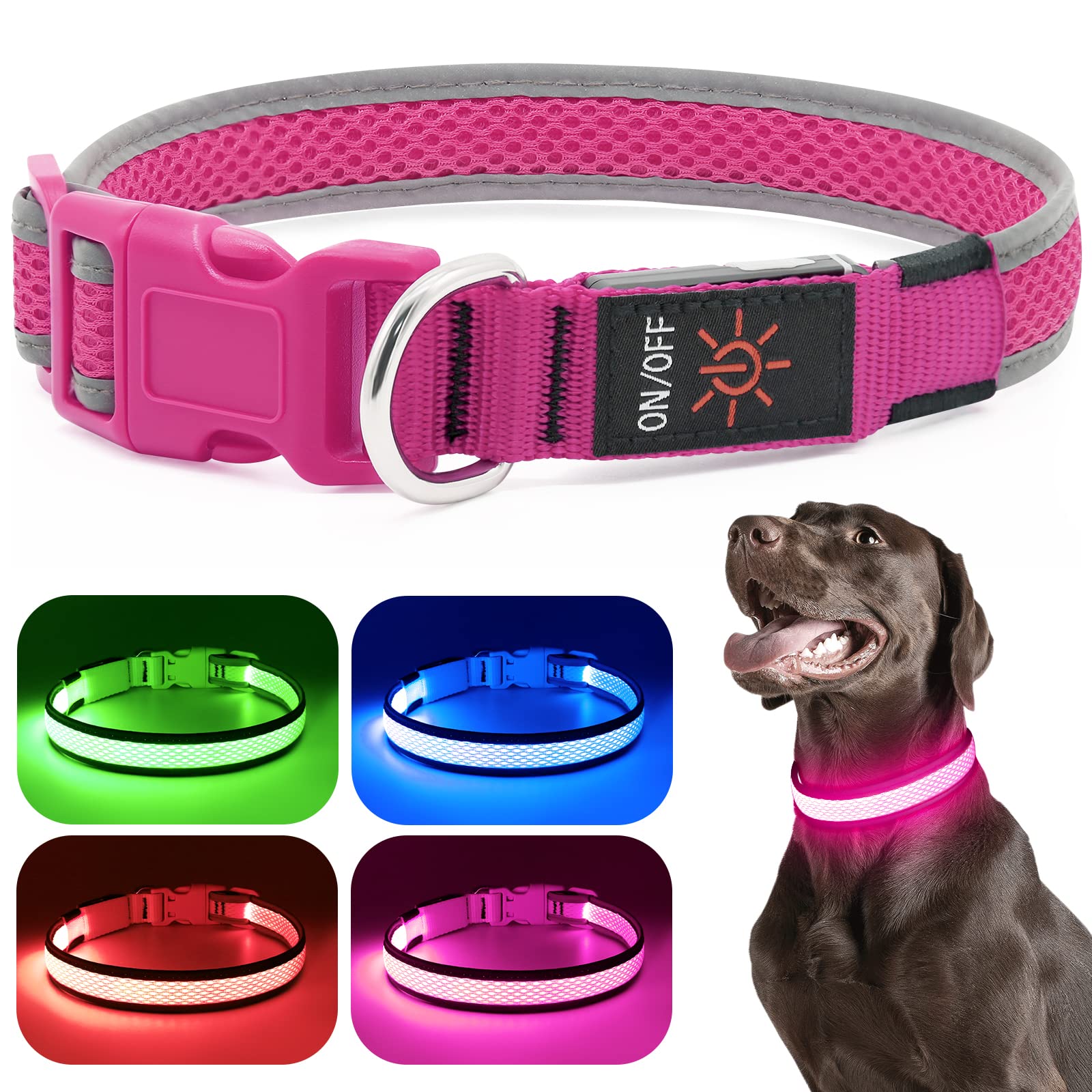 Flashseen LED Dog Collar - USB Rechargeable Light Up Safety Collar with Adjustable Soft Mesh for Small Medium Large Dogs (Large, Candy Pink) - Perfect for Night Walks, Jogging & Outdoor Adventures