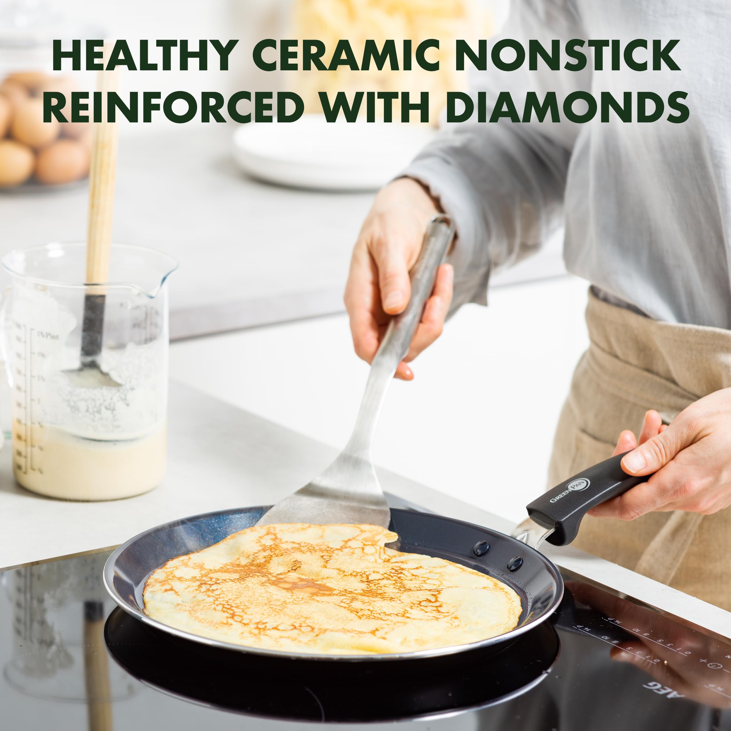 GreenPan Torino 32 cm Nonstick Ceramic Crepe and Pancake Pan - PFAS-Free, Induction Compatible, Oven Safe up to 160°C, Dishwasher Safe, Black - Perfect for Breakfast, Brunch & Family Cooking