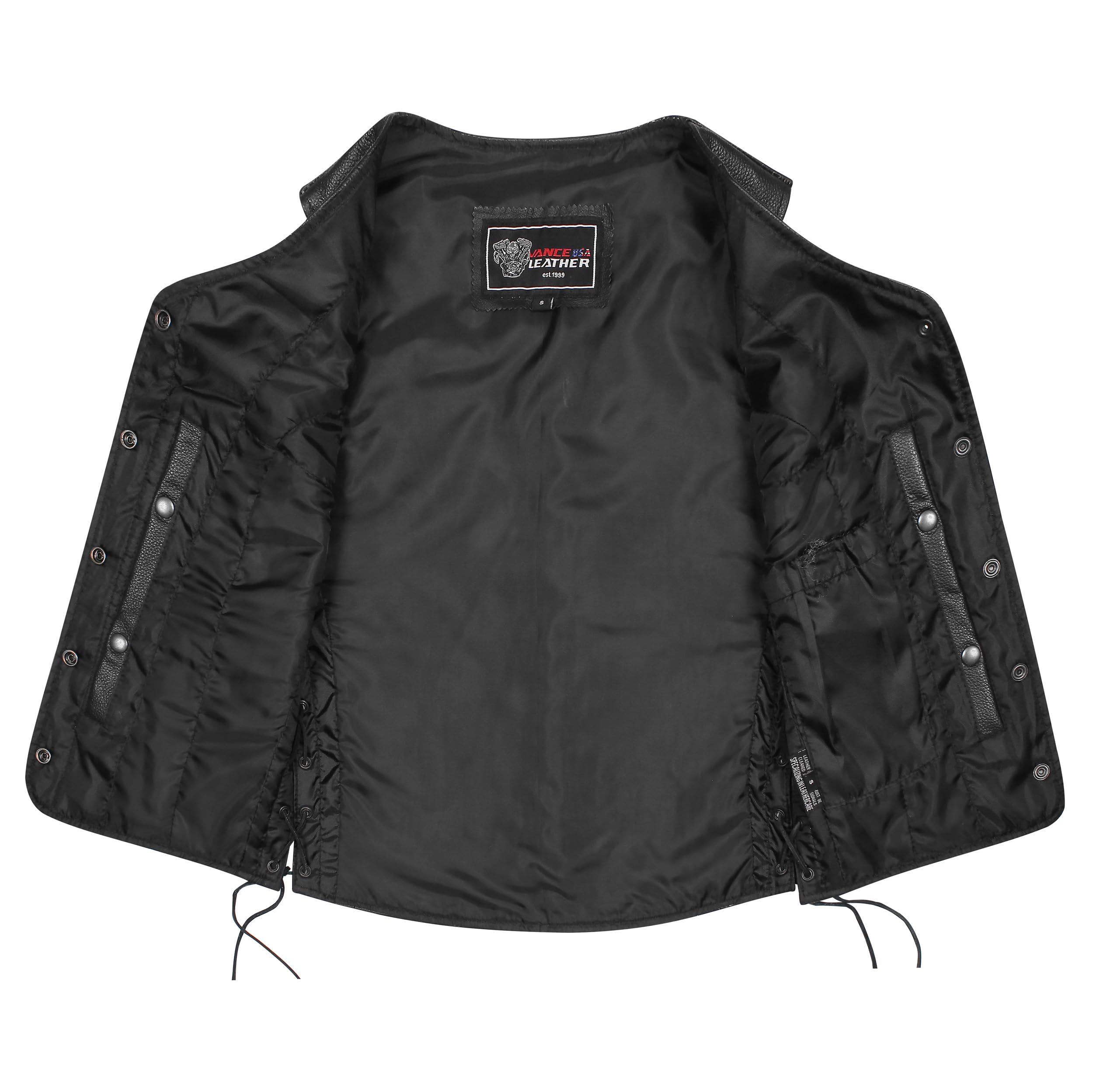 Vance VL1048S Women's Black Leather Motorcycle Vest - 5 Snap Closure, Side Laces & Conceal Carry Pocket | Biker Jacket for Riding, Harley Davidson Outfits & Casual Wear