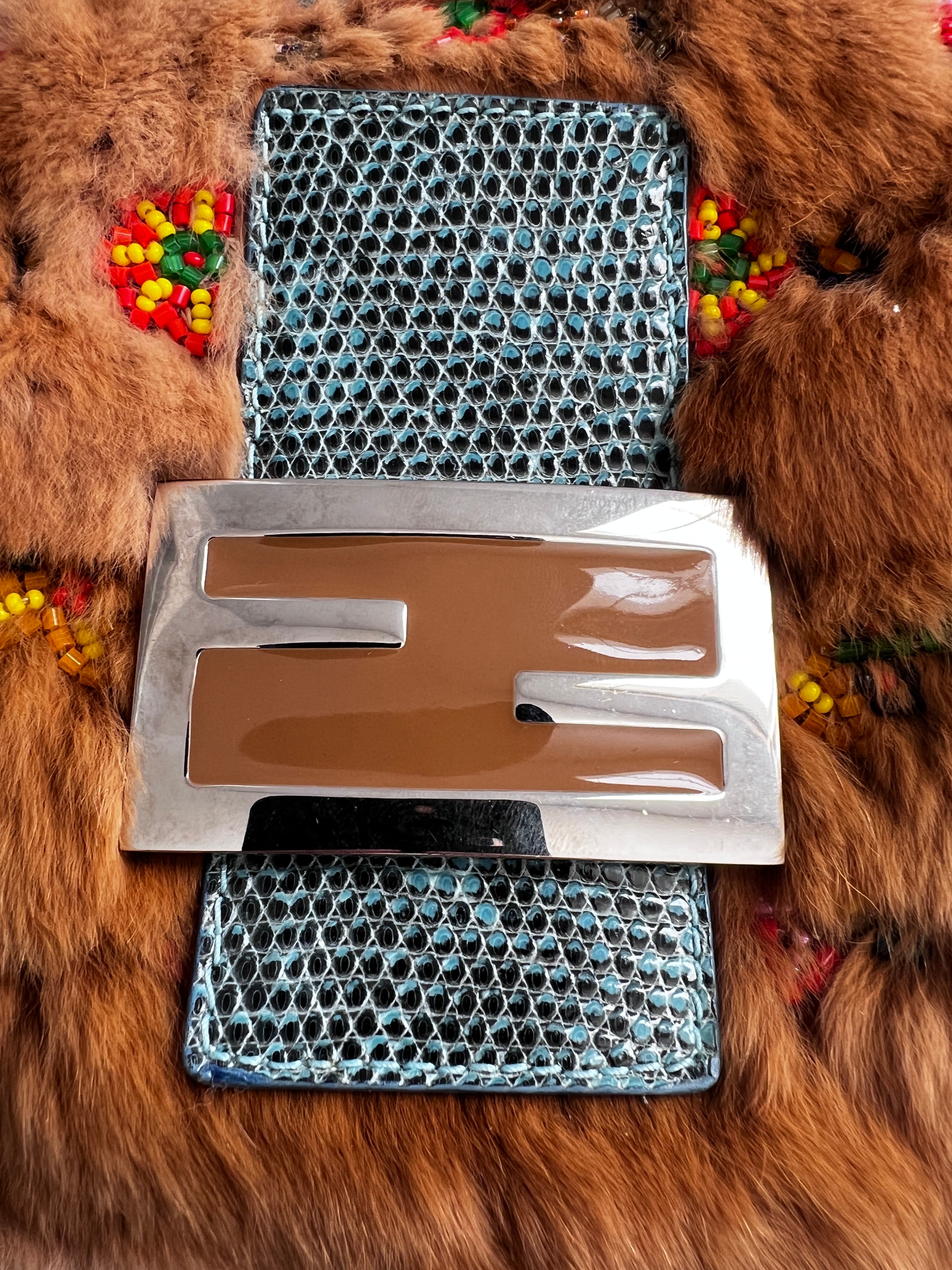 Vintage Fendi Caramel Rabbit Fur Beaded Baguette Bag - Luxury Designer Handbag for Women, Perfect for Evening Parties & Special Occasions
