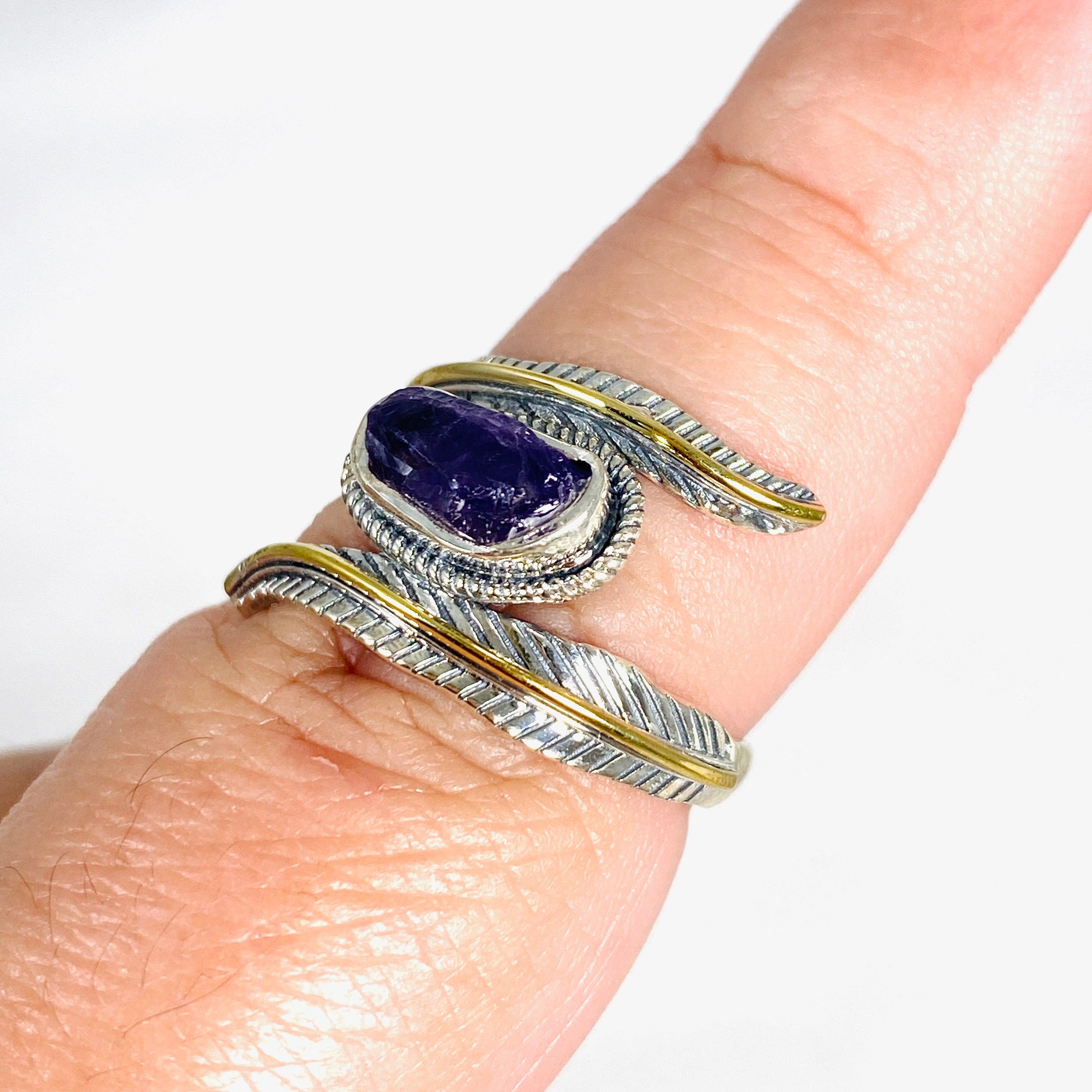 Natural Amethyst Leaf Raw Stone Ring R4224 - Handmade Bohemian Jewelry for Women, Perfect for Boho Chic, Festivals & Everyday Wear