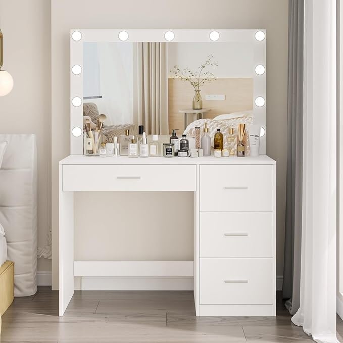 Irontar Makeup Vanity Table with Large Mirror & 11 Adjustable LED Lights, White Dressing Desk with 4 Drawers - Perfect Bedroom Vanity for Women | Ideal for Makeup Application, Skincare Routine & Home Decor