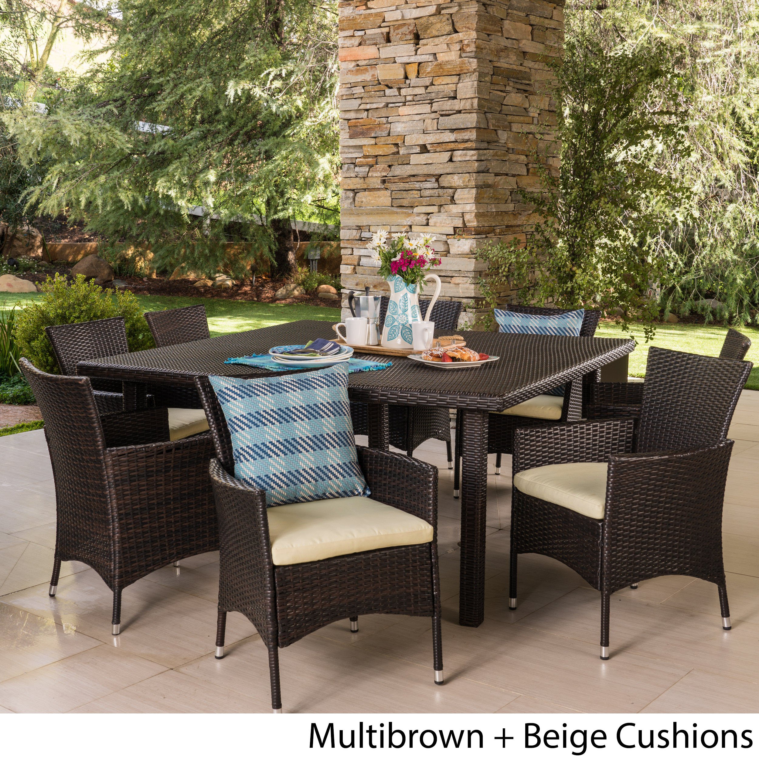 Christopher Knight Home Chadney 9-Piece Outdoor Wicker Square Dining Set with Water Resistant Cushions - Multibrown & Crème Cushions for Patio, Garden, or Poolside Dining