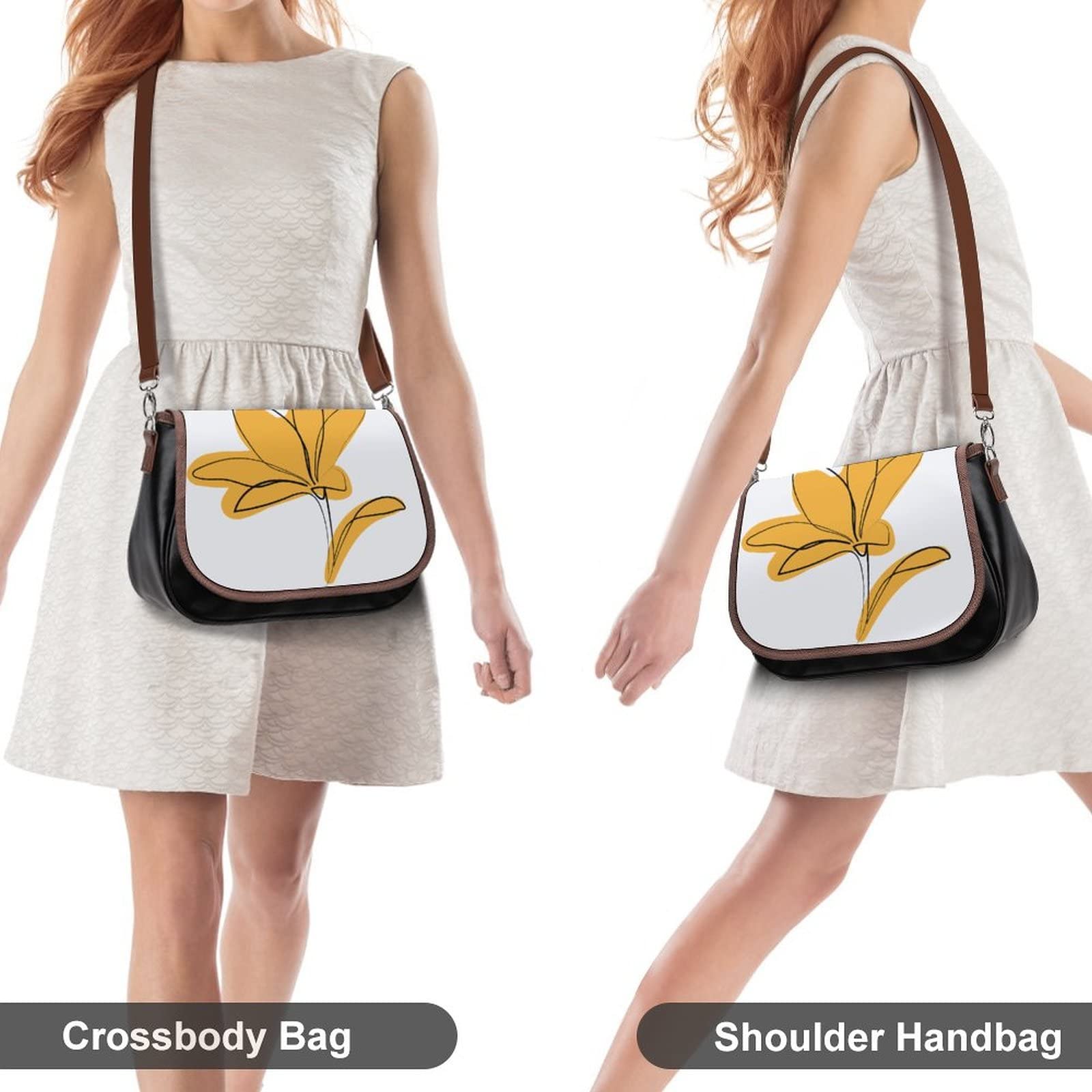 Vintage Crossbody Bag for Women - Medium Printed Leather Shoulder Bag with Yellow Flowers, Boho Hobo Purse | Perfect for Casual Outings, Travel, and Everyday Use