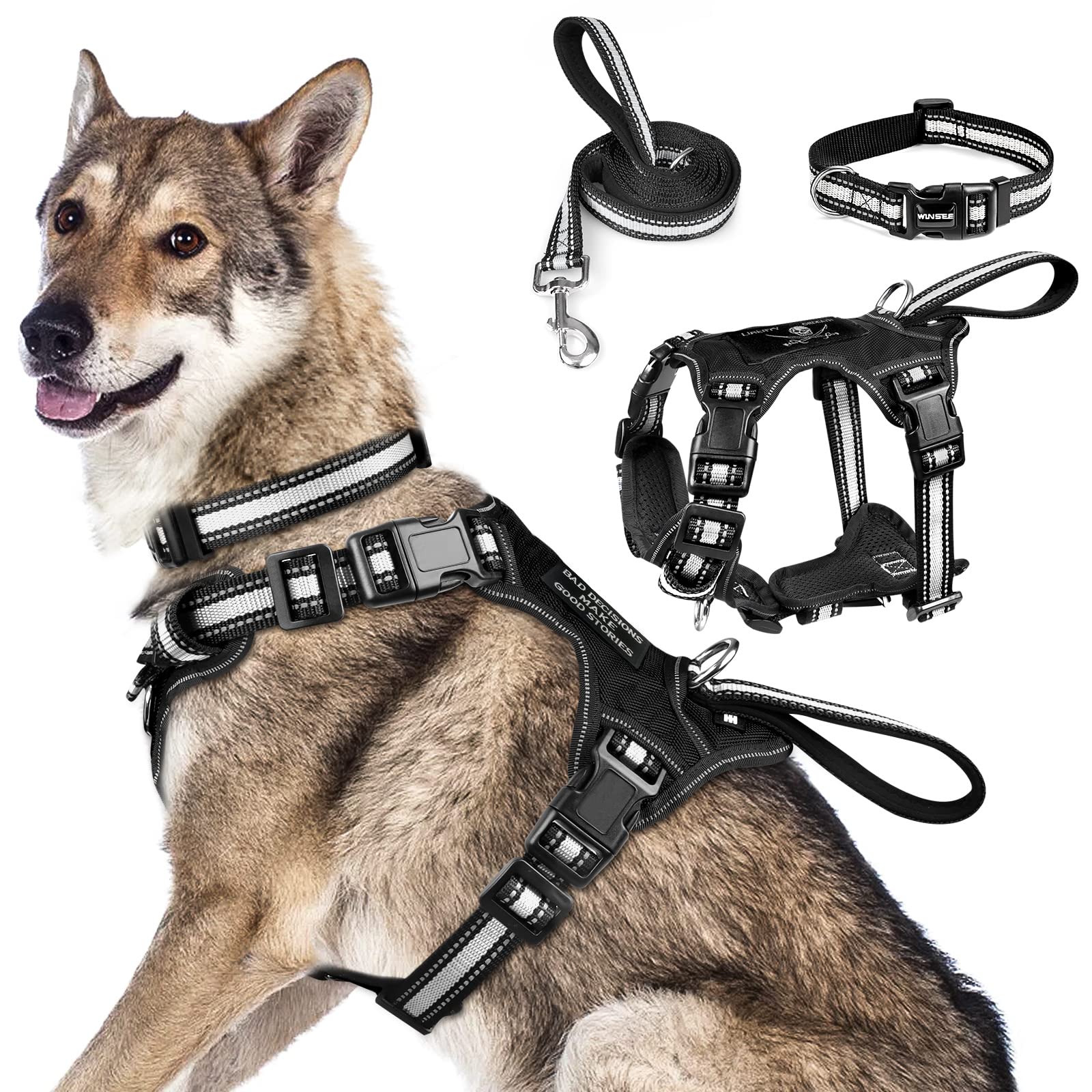 WINSEE Reflective No-Pull Dog Harness with Adjustable Collar and Leash Set - Adjustable Buckles for Puppies, Small, Medium, Large & X-Large Dogs (Black) - Perfect for Walking, Training & Outdoor Adventures