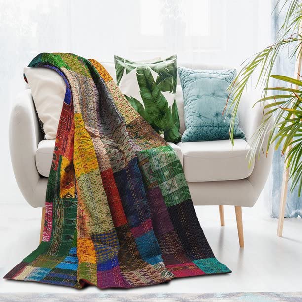 Handmade Indian Silk Patola Patchwork Kantha Quilt - Bohemian Style Bedspread & Throw Blanket (Multi Color, Twin Size 60