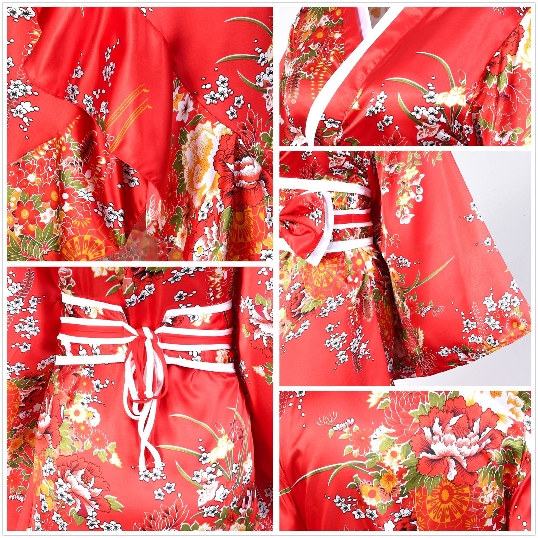 Elegant Women's Kimono Robe - Geisha Style Yukata with Sweet Tuxedo Ruffle & Blossom Print - Satin Bathrobe Sleepwear Set with Tabi Socks | Perfect for Spa Days, Loungewear, Cosplay & Japanese Themed Parties