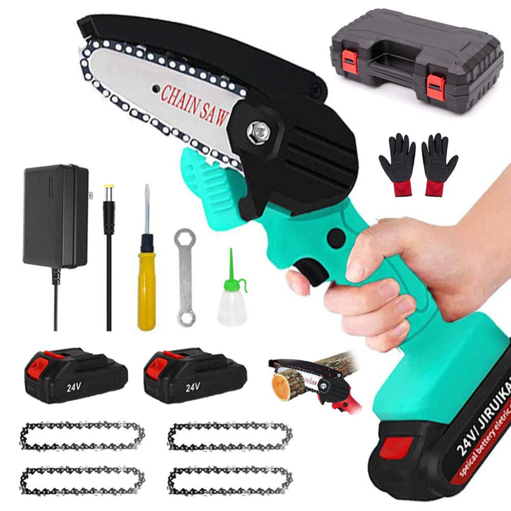 4-Inch Mini Cordless Electric Chainsaw - Lightweight 0.7kg Handheld Chainsaw with Anti-Splash Guard & 4 Chains - Perfect for Tree Branch Cutting, Wood Pruning, and Yard Maintenance (Blue)