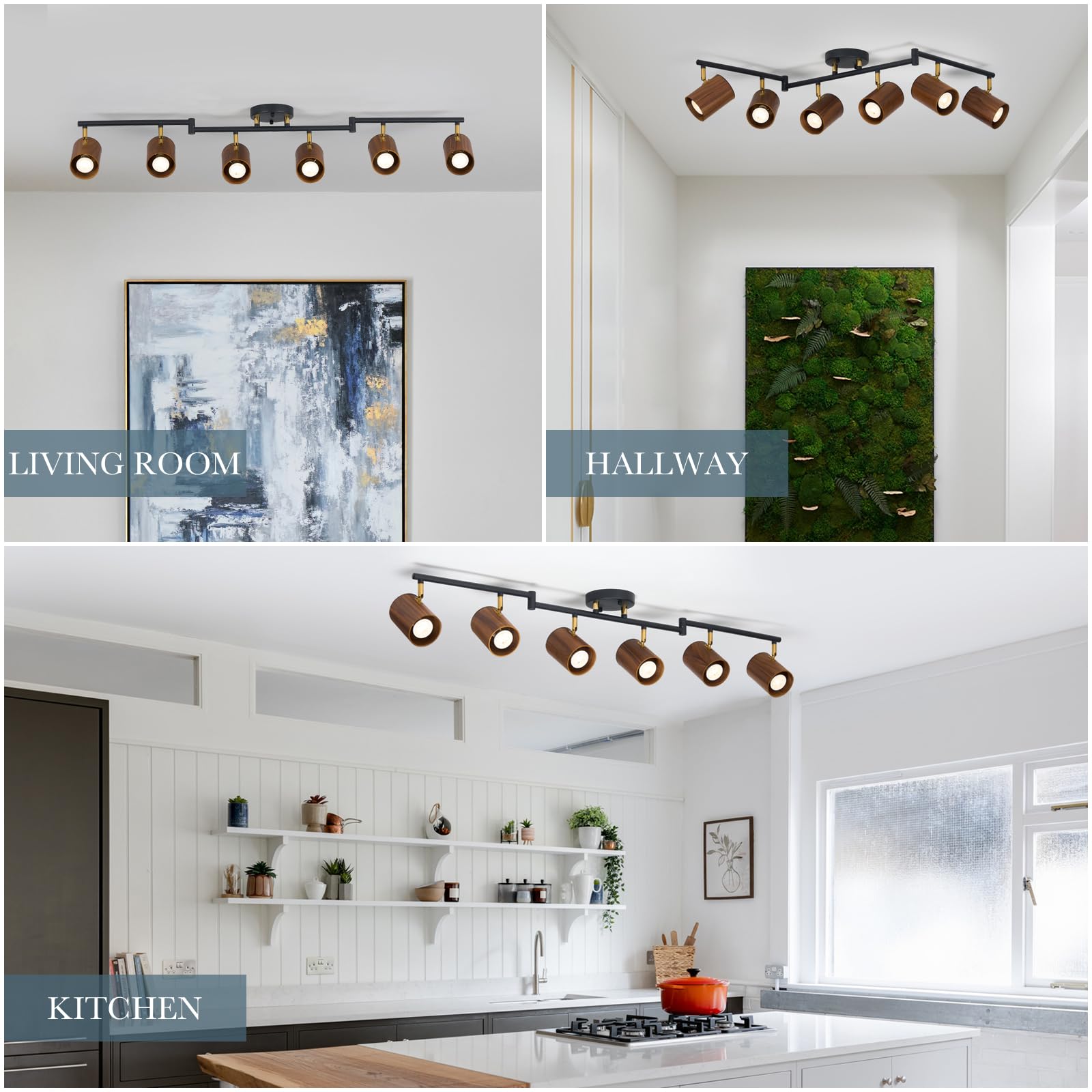 Modern 6-Light Track Lighting 47 Inch - Adjustable Natural Wood & Brass Accent Matte Black Ceiling Fixture - Perfect for Dining Room, Living Room, Kitchen Lighting Decor