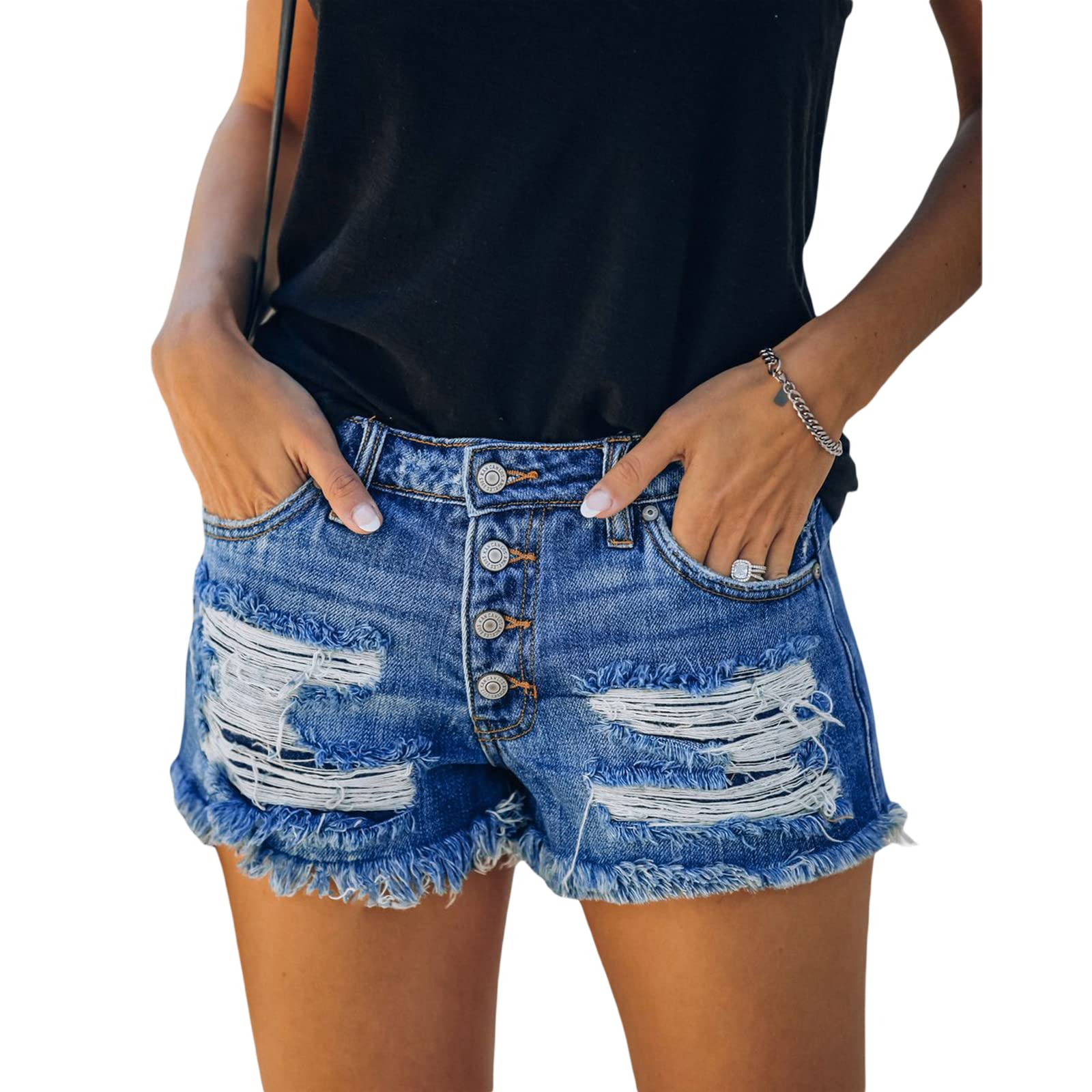 4th of July Women's Low-Rise American Flag Print Distressed Denim Shorts - Casual Ripped Raw Hem Jean Shorts for Summer BBQ, Beach Parties & Patriotic Celebrations