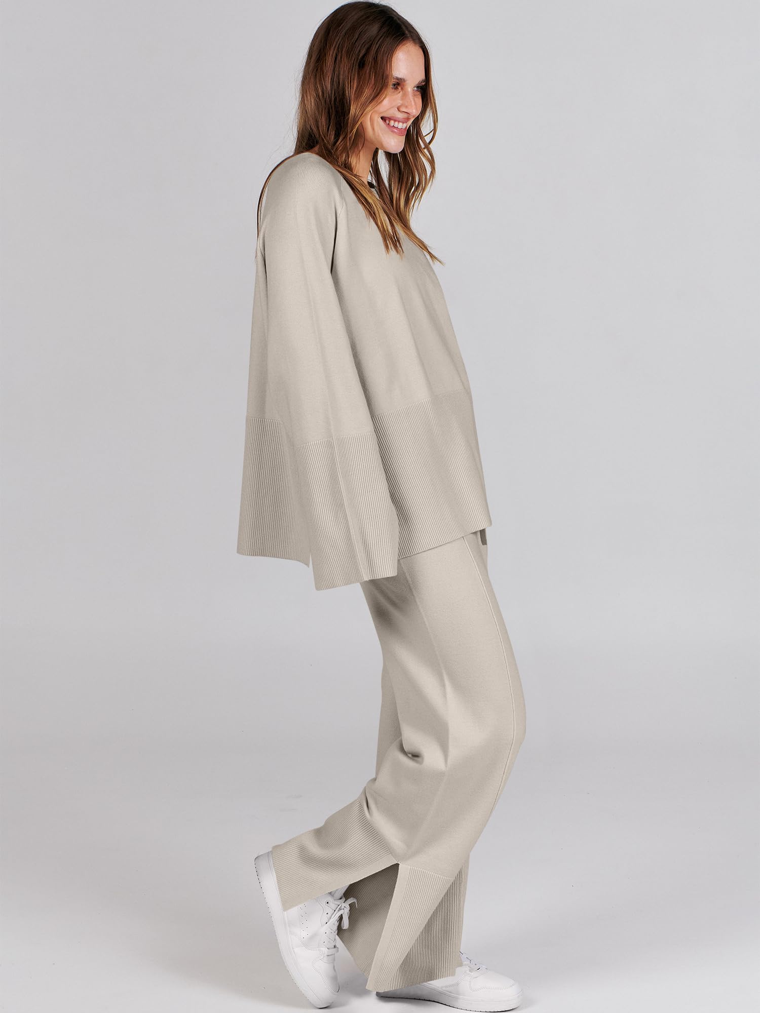 ANRABESS Women's 2 Piece Outfit - Oversized Knit Sweater & Wide Leg Pants Set | Cozy Lounge Wear, Matching Pajama Set | 2024 Trendy Casual Clothes for Home, Travel & Relaxation