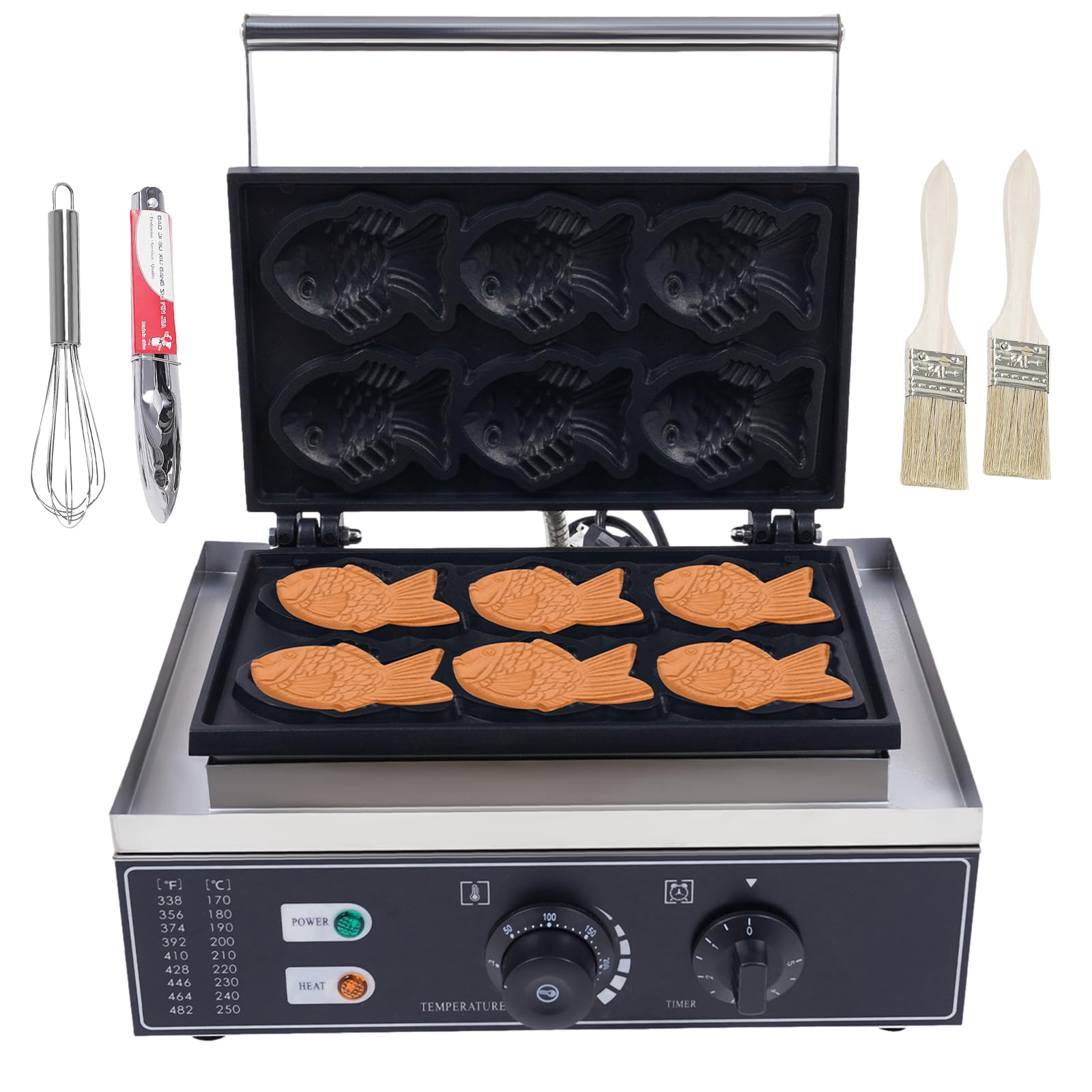 Japanese Taiyaki Waffle Maker - Fish-Shaped Nonstick Electric Waffle Iron 1550W 110V with 6 Closed-Mouth Molds for Home & Commercial Use - Perfect for Breakfast, Desserts, Street Food & Party Snacks